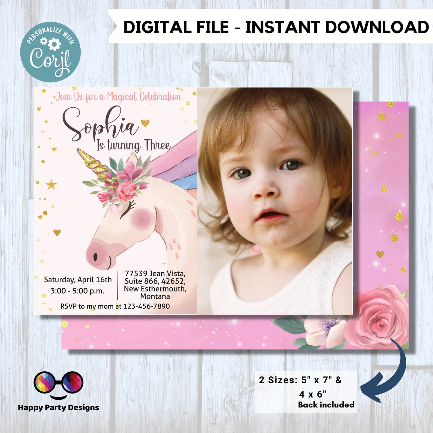 Unicorn Birthday Invitation with picture | Unicorn birthday party | Unicorn template invite | unicorn party | EDITABLE ON LINE | 0001