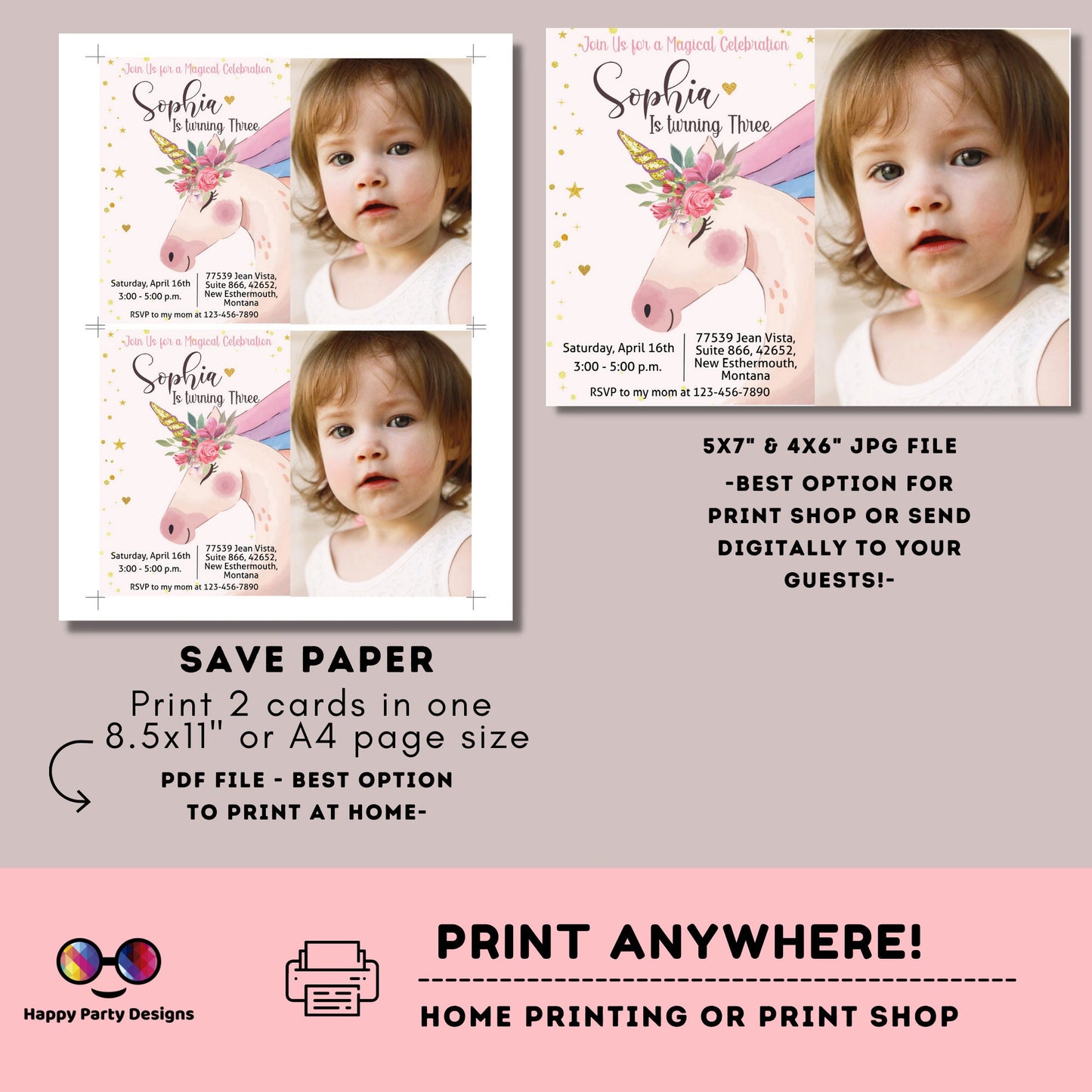 Unicorn Birthday Invitation with picture | Unicorn birthday party | Unicorn template invite | unicorn party | EDITABLE ON LINE | 0001