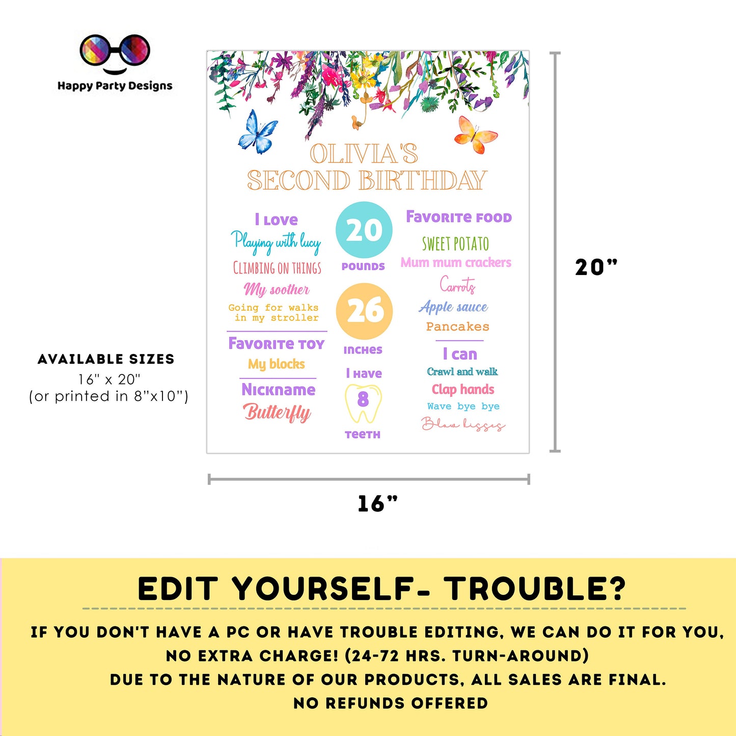 Editable Milestone Sign | Wildflower birthday | Spring birthday Decorations | baby Girl | Flower Sign | Butterfly party | Wild flower #K73