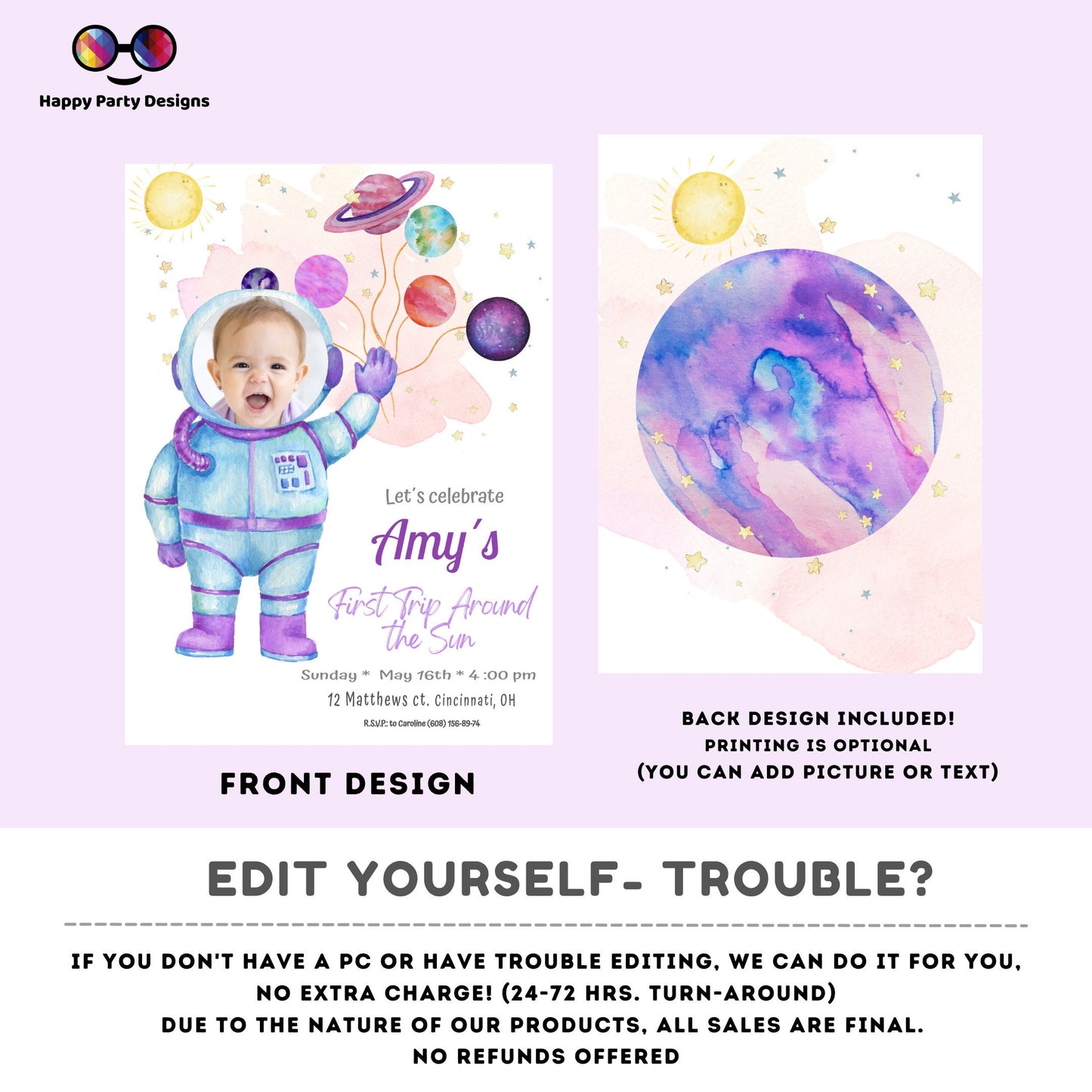 Editable Outer Space First Birthday Invitation Galaxy Blast Off First Trip Around the Sun Space Girl photo Download Printable Template Corjl