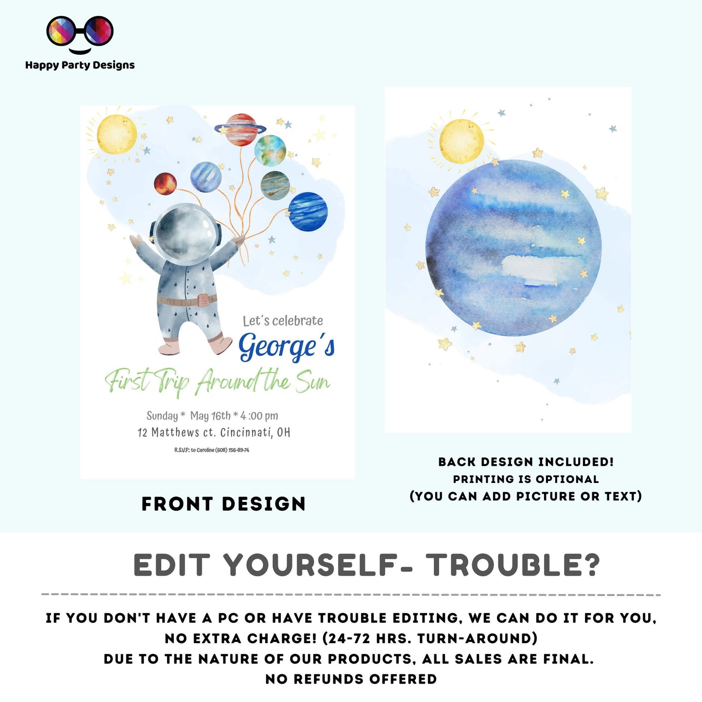 Editable Outer Space First Birthday Invitation Galaxy Blast Off First Trip Around the Sun Space Boy photo Download Printable Template Corjl
