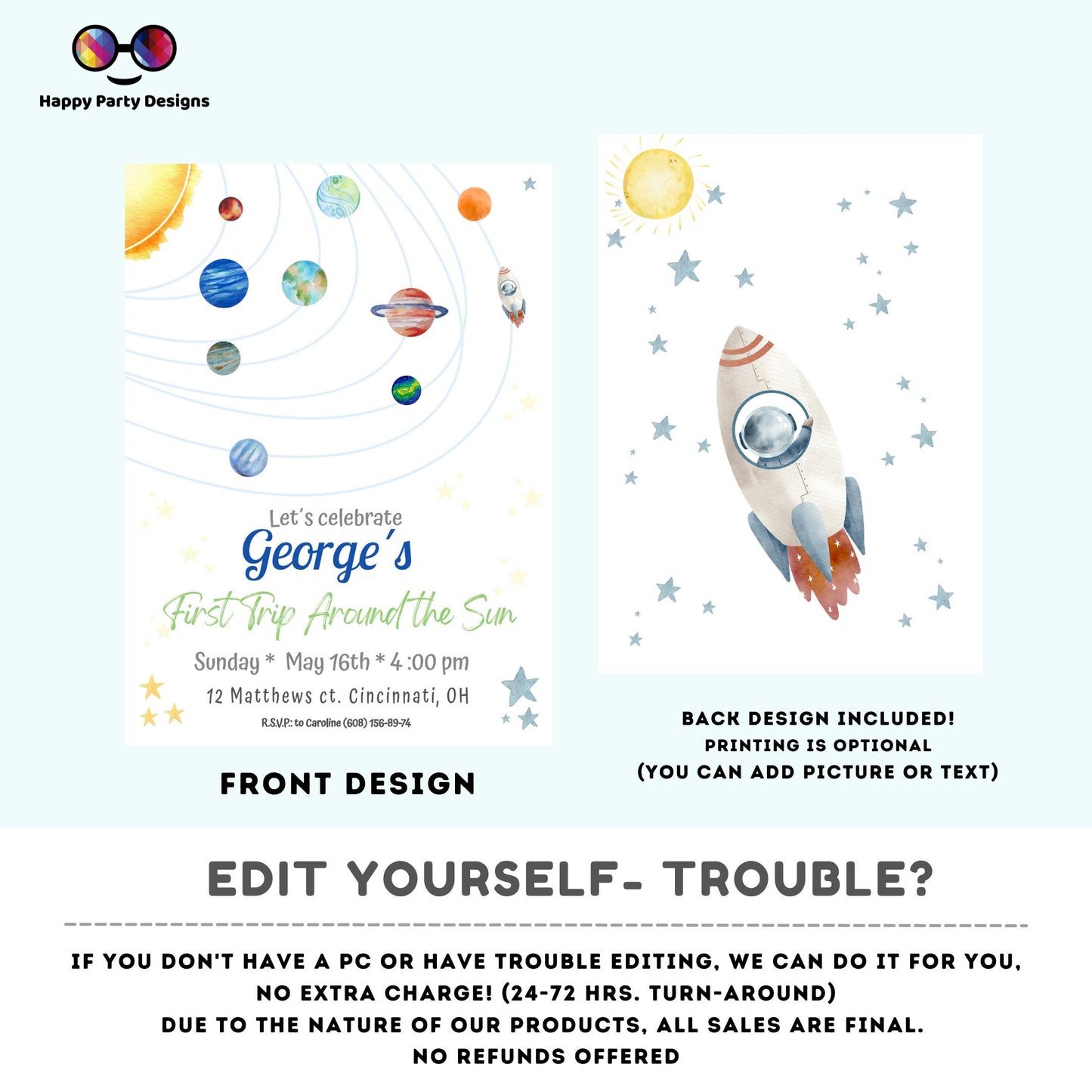 Editable Outer Space First Birthday Invitation Galaxy Blast Off First Trip Around the Sun Download Printable Template Digital Corjl