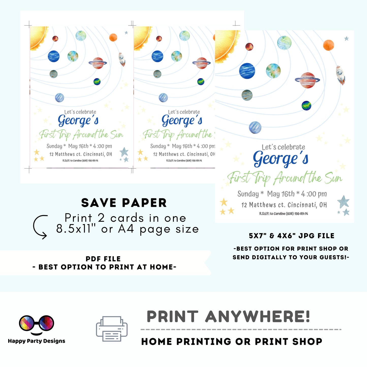 Editable Outer Space First Birthday Invitation Galaxy Blast Off First Trip Around the Sun Download Printable Template Digital Corjl