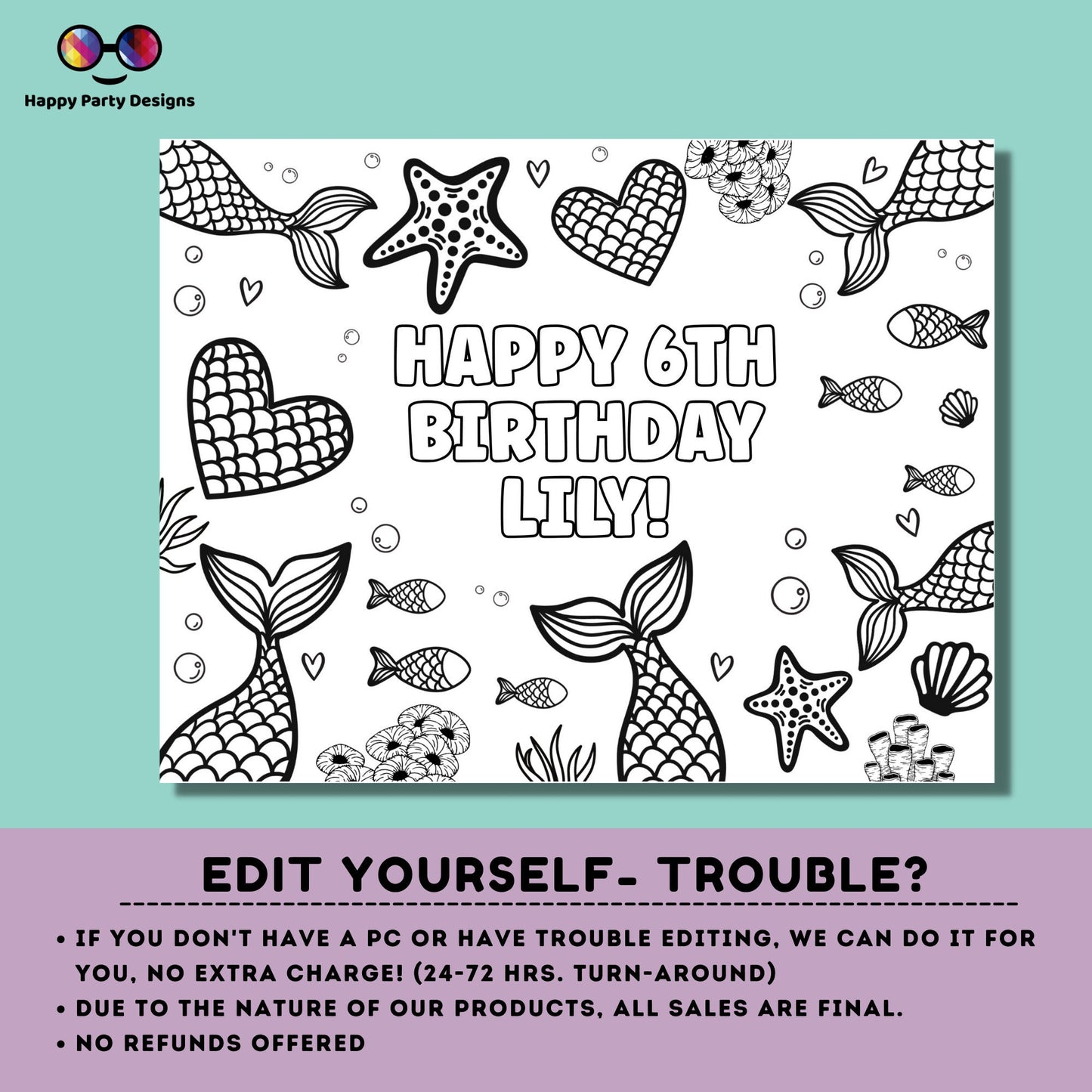 Editable mermaids coloring page | Mermaid placemat | Any Age | Mermaid birthday | Game Mermaid Party Activity