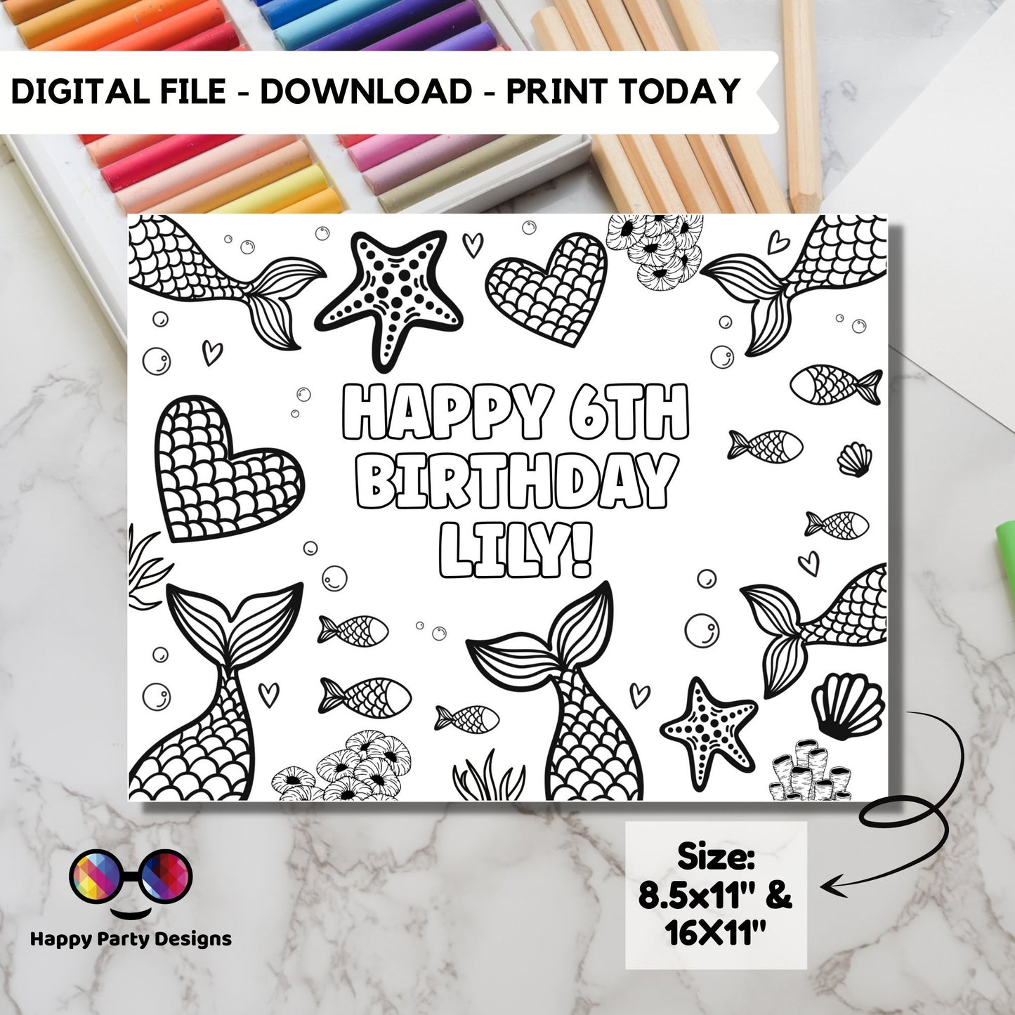 Editable mermaids coloring page | Mermaid placemat | Any Age | Mermaid birthday | Game Mermaid Party Activity