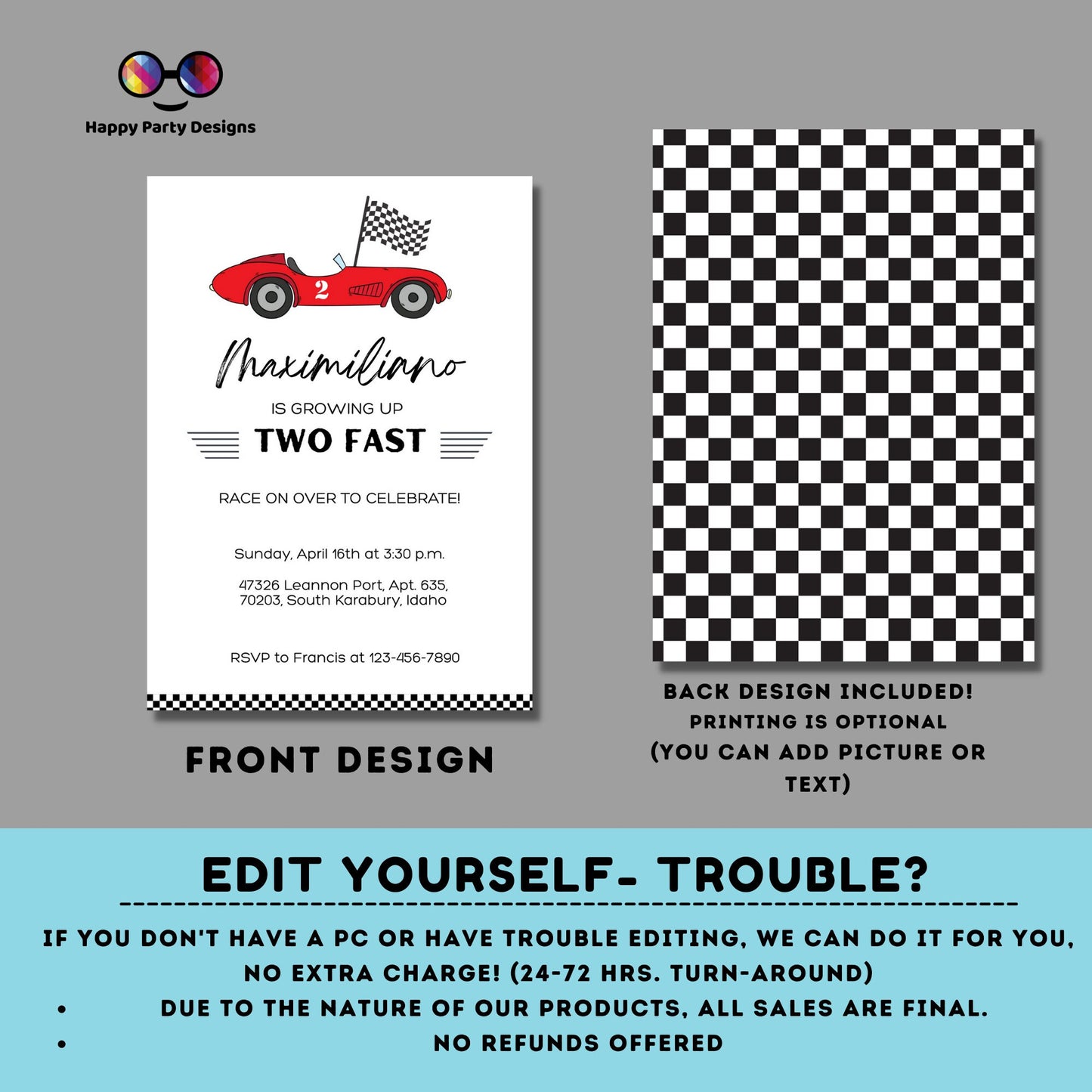 Growing Two fast Birthday Invitations | racing cars party | Red race car Invitation | 2nd birthday party | Edit Yourself