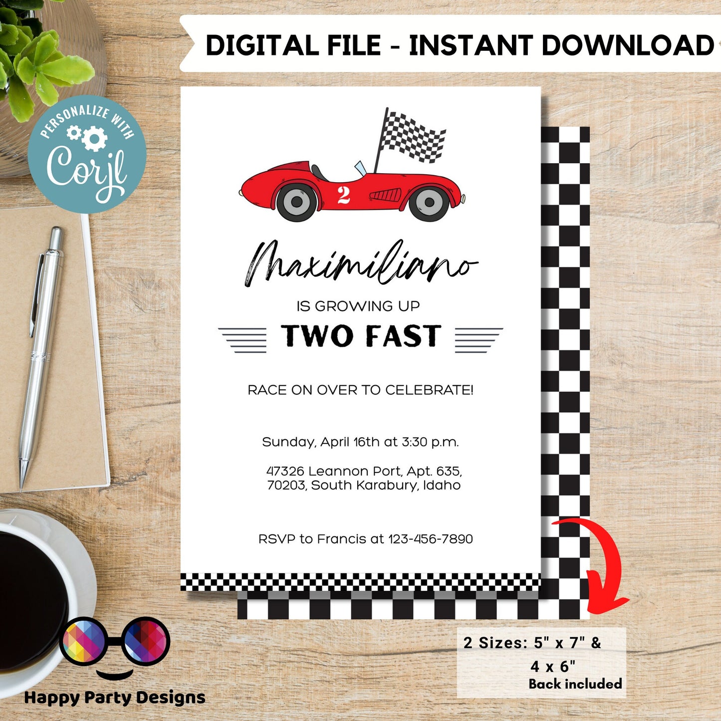 Growing Two fast Birthday Invitations | racing cars party | Red race car Invitation | 2nd birthday party | Edit Yourself