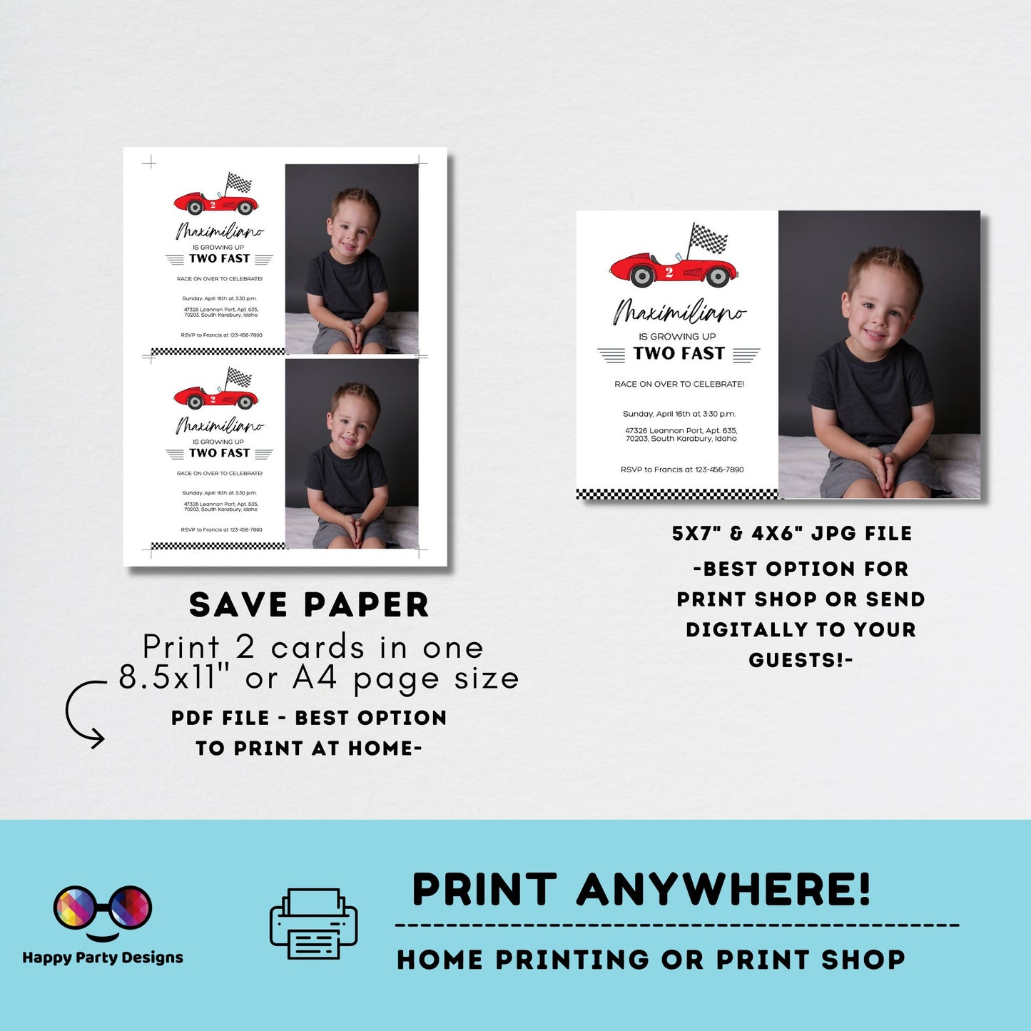 Growing Two fast Birthday Invitations with picture | racing cars party | Red race car Invitation | 2nd birthday party | Edit Yourself