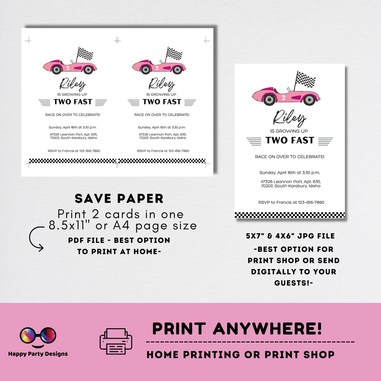 Growing Two fast Birthday Invitation | racing car party | Pink race car Invitation | 2nd birthday party | girl birthday | Edit Yourself