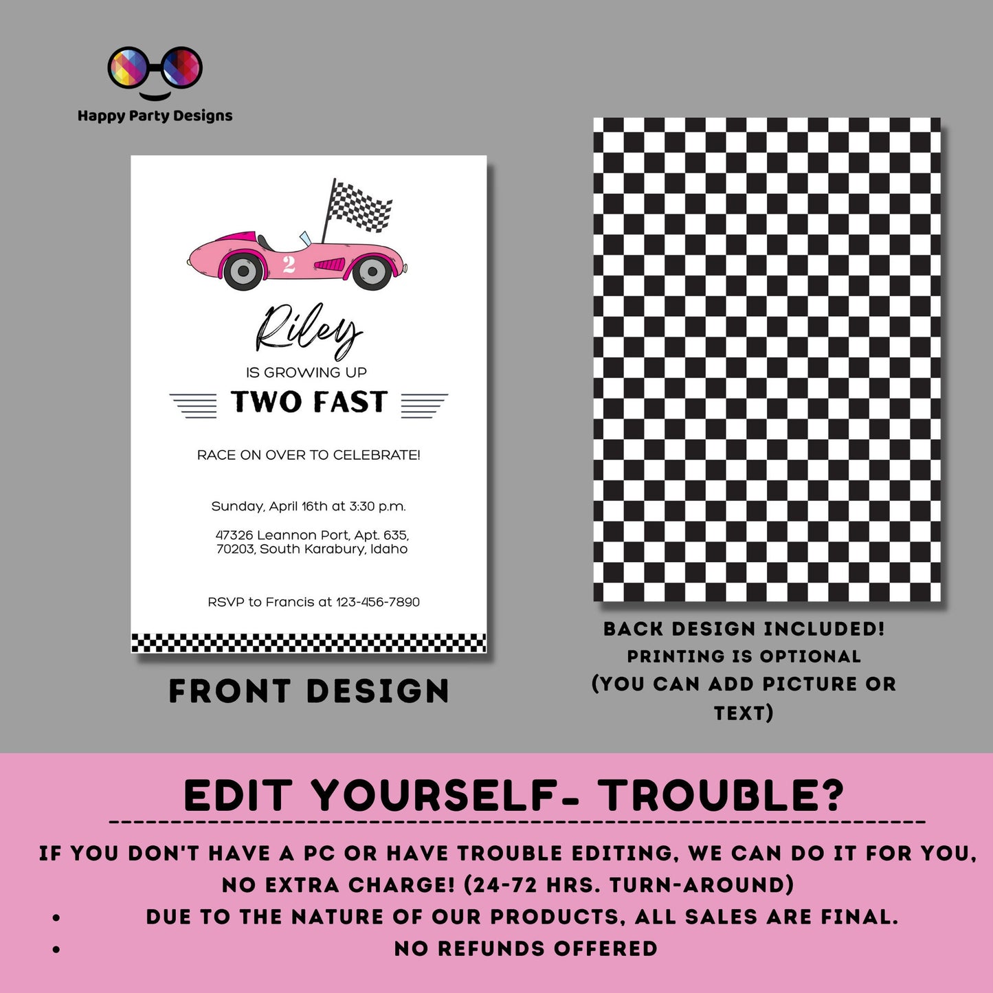 Growing Two fast Birthday Invitation | racing car party | Pink race car Invitation | 2nd birthday party | girl birthday | Edit Yourself