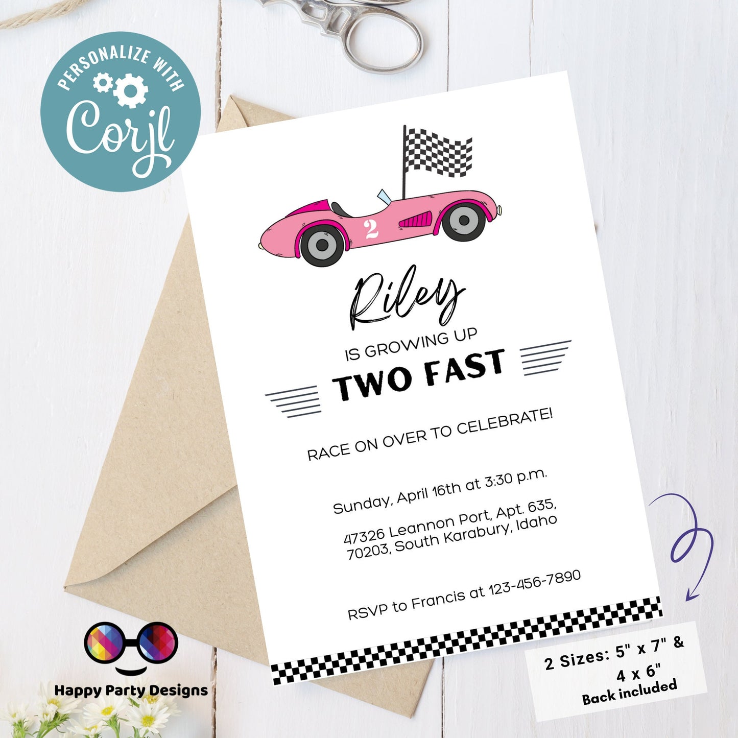 Growing Two fast Birthday Invitation | racing car party | Pink race car Invitation | 2nd birthday party | girl birthday | Edit Yourself