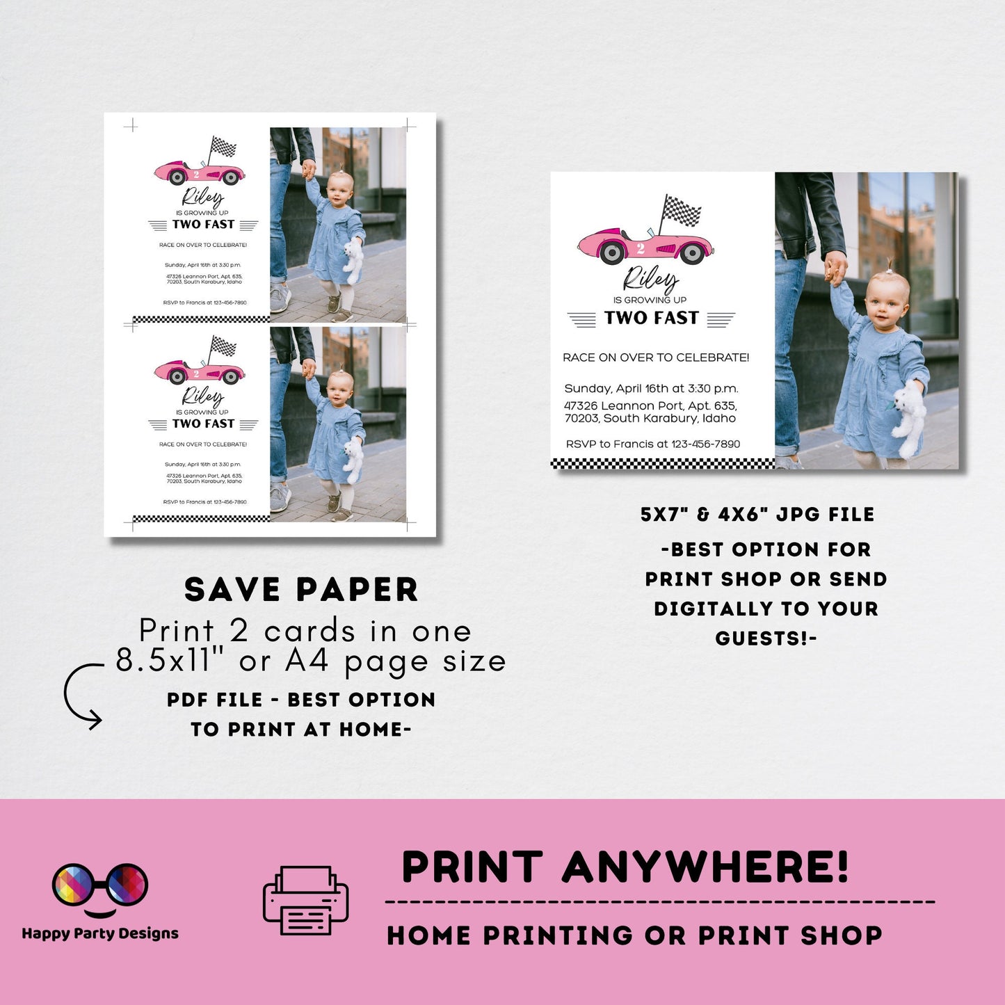 Growing Two fast Birthday Invitations with picture | racing cars party | Pink race car Invitation | 2nd birthday party | Edit Yourself