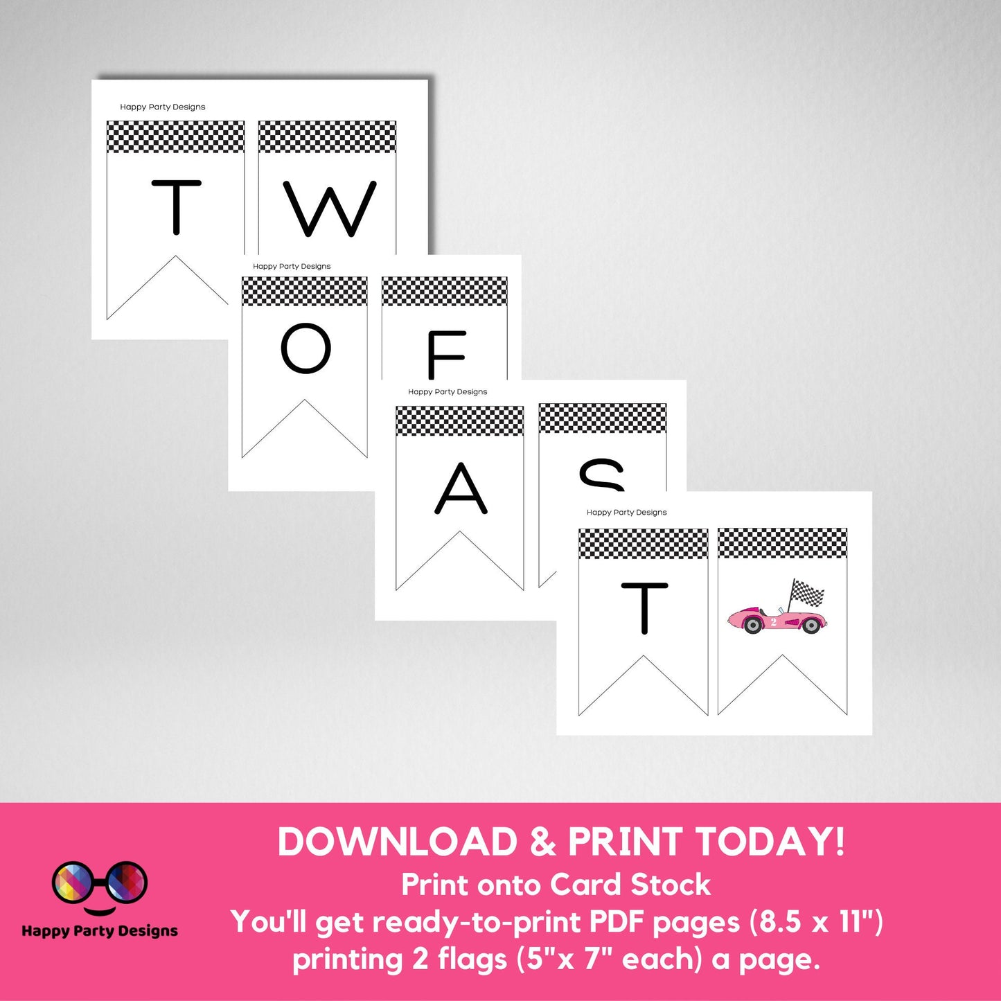 Growing Two fast Birthday Banner | racing cars party | pink race car Invitation | 2nd birthday party | Two fast banner to print