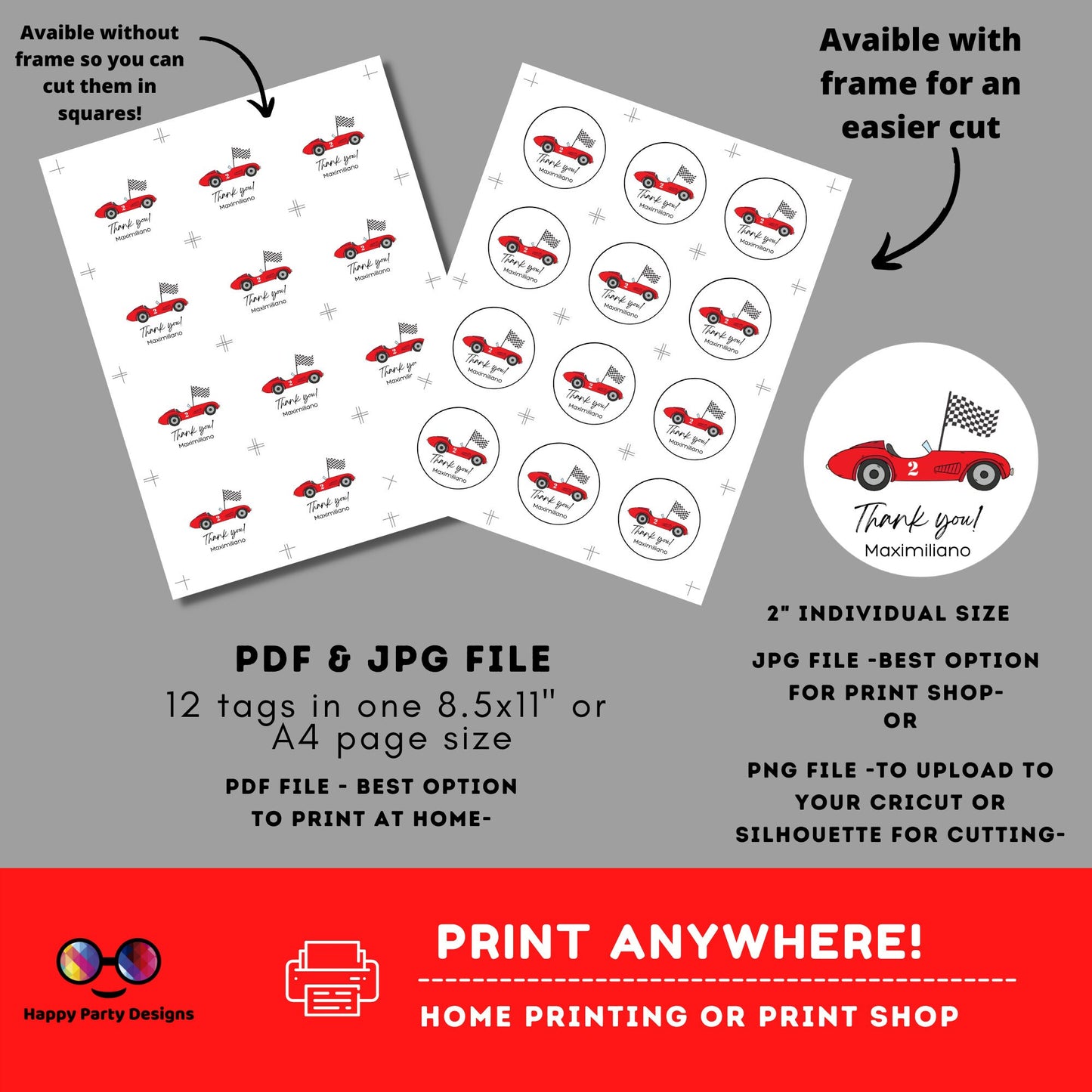 Editable Racing car round tag | Red car thank you tag | Cars Birthday Party Themed | Round Stickers | Two fast Birthday Party