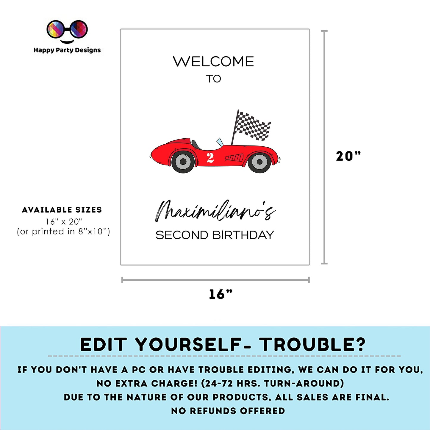 Editable Welcome Sign | racing red car birthday | racing birthday Decorations | birthday boy | Welcome Sign | two fast Party | Any age!