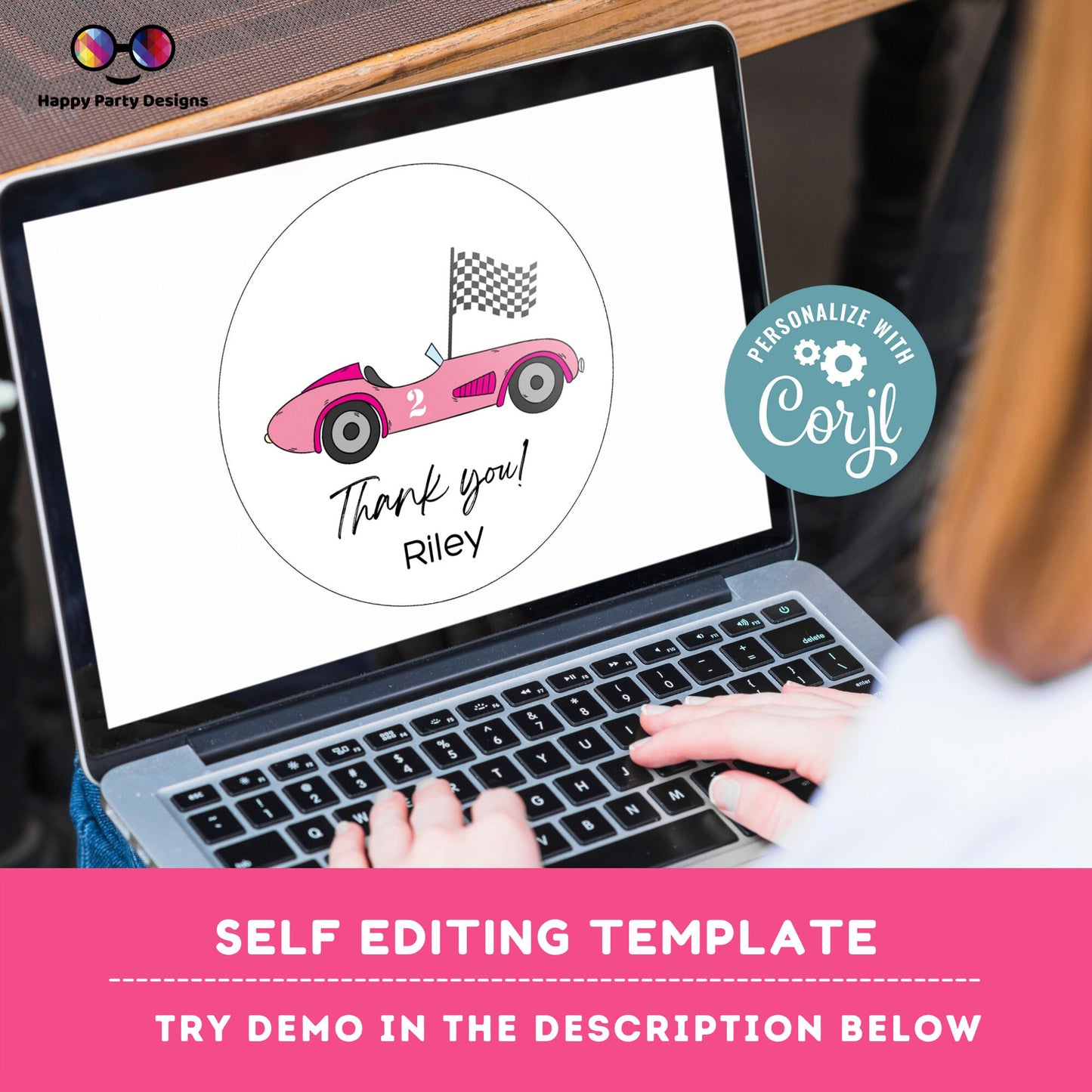 Editable Racing car round tag | Pink car thank you tag | Cars Birthday Party Themed | Round Stickers | Two fast Birthday Party