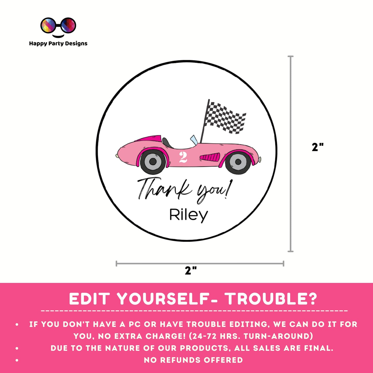 Editable Racing car round tag | Pink car thank you tag | Cars Birthday Party Themed | Round Stickers | Two fast Birthday Party