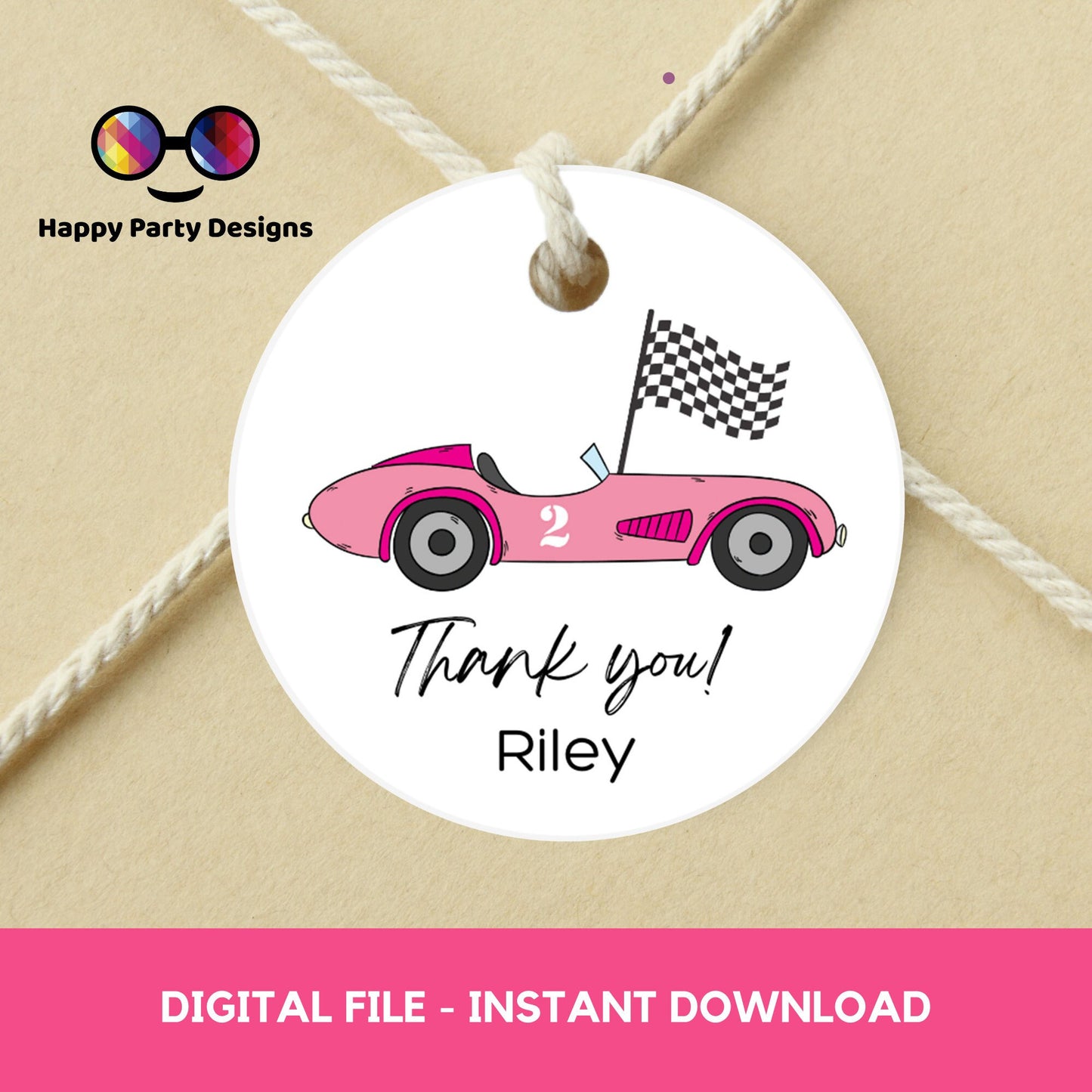 Editable Racing car round tag | Pink car thank you tag | Cars Birthday Party Themed | Round Stickers | Two fast Birthday Party