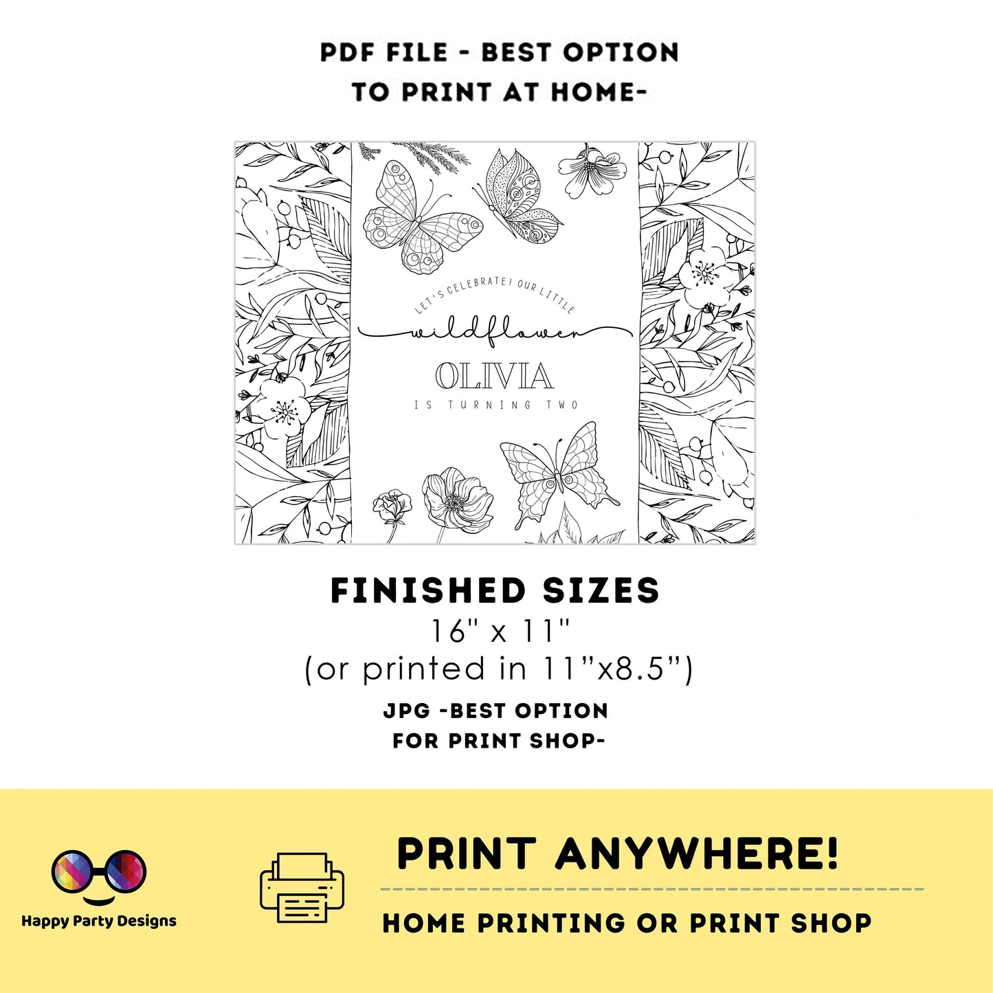 Editable Wildflower coloring page | Placemat coloring page | Any Age | Spring birthday | Wildflower Party Activity #K73