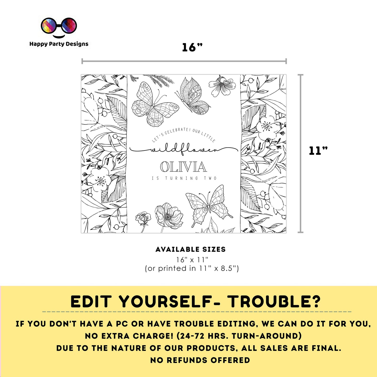 Editable Wildflower coloring page | Placemat coloring page | Any Age | Spring birthday | Wildflower Party Activity #K73