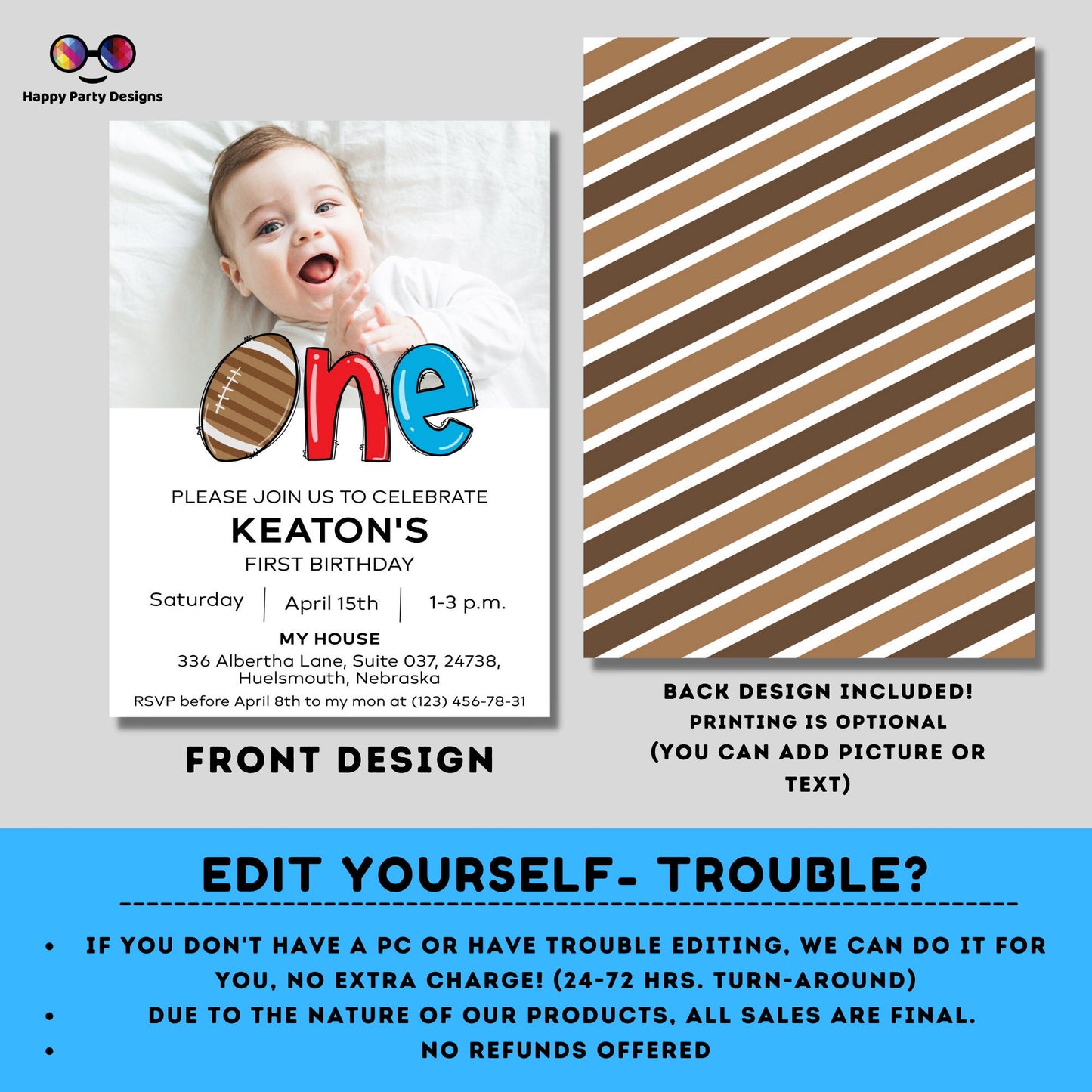 Football First Birthday Invitation | Party Invitation Instant Template | Football Boy Bday Invite | One year | EDITABLE ON LINE