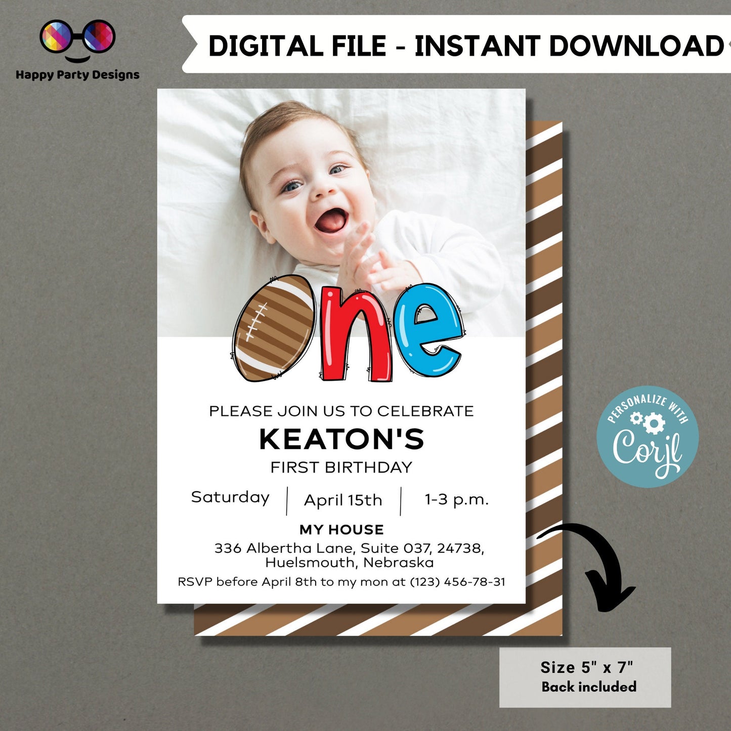 Football First Birthday Invitation | Party Invitation Instant Template | Football Boy Bday Invite | One year | EDITABLE ON LINE