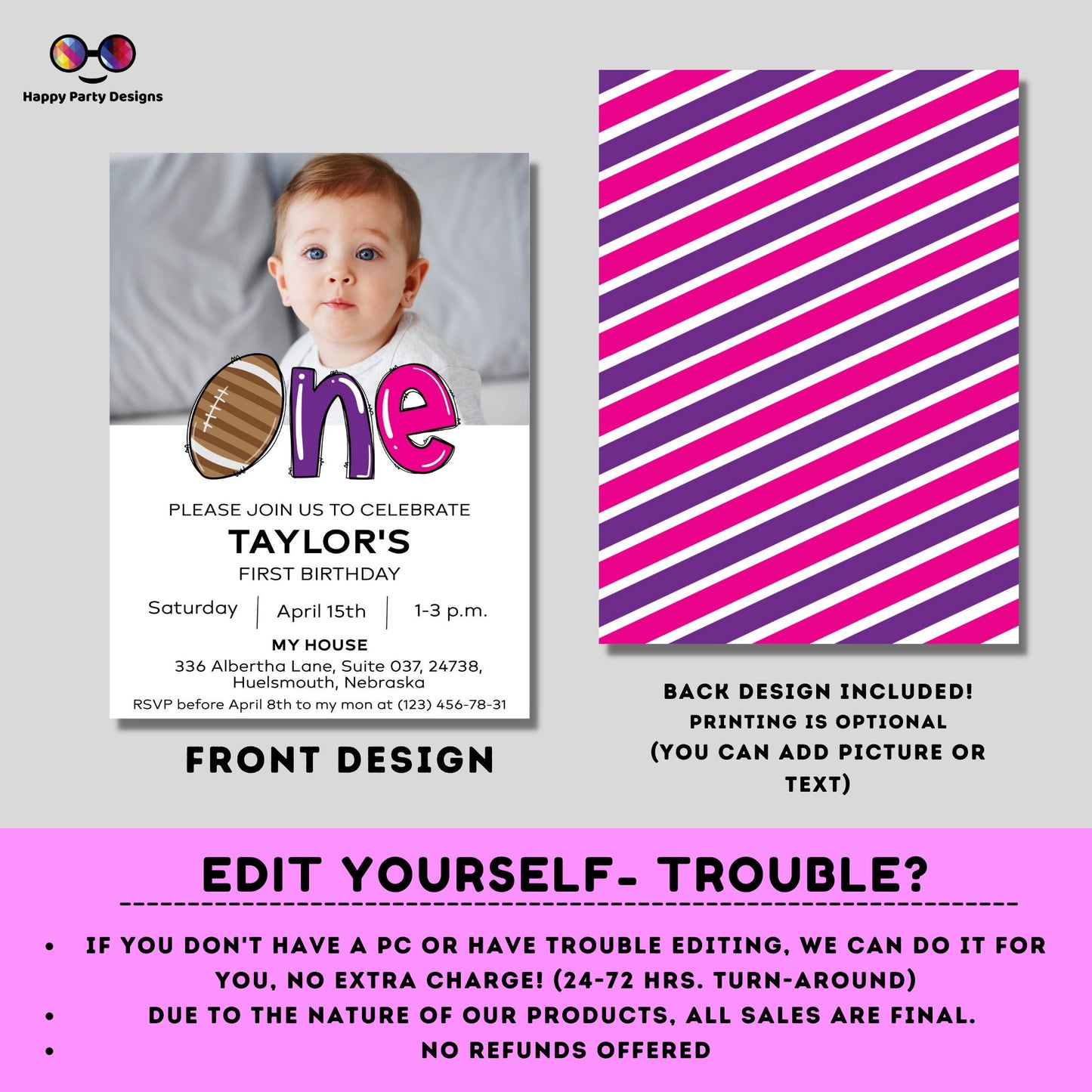Football First Birthday Invitation | Party Invitation Instant Template | Football girl Bday Invite | One year | EDITABLE ON LINE #K43