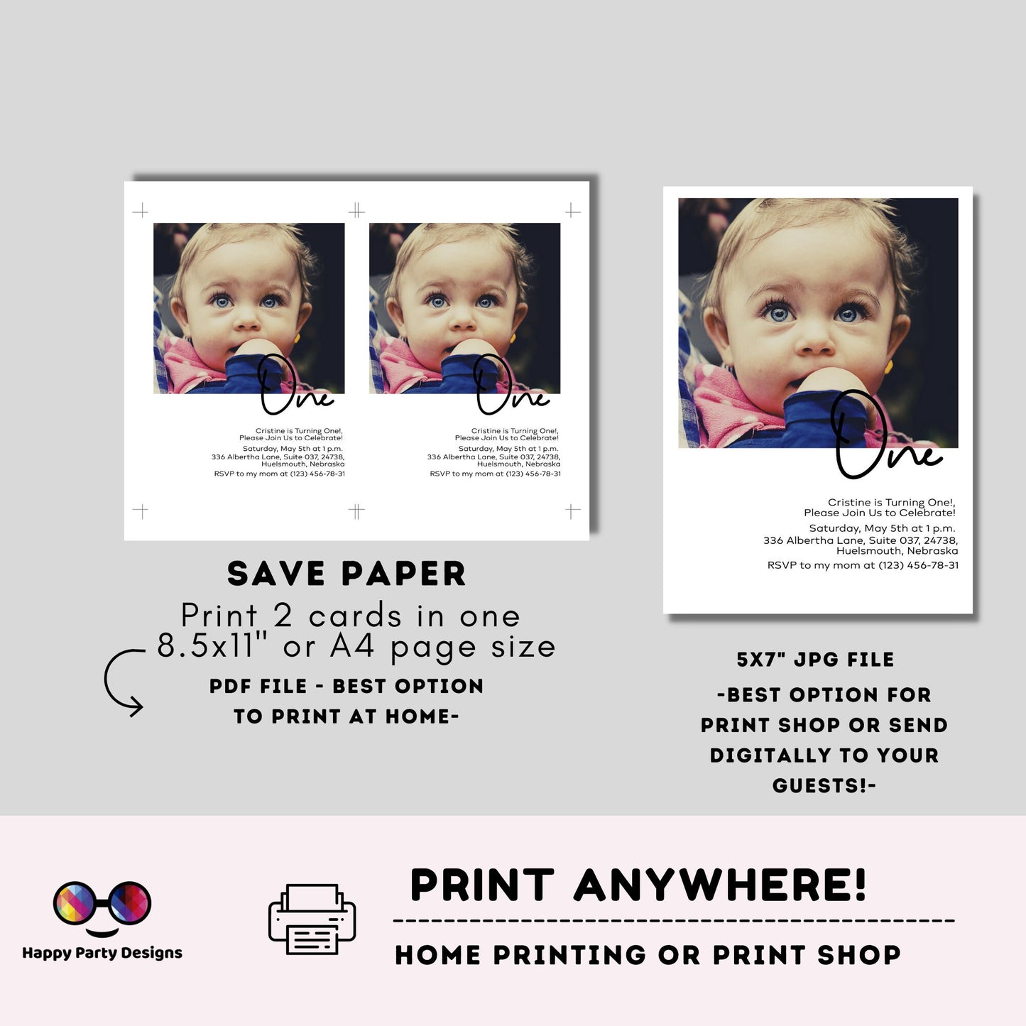 Editable Minimalist First Birthday Invitation | Minimal Party Invitation Instant Template | First Bday Invite | One year | EDITABLE ON LINE