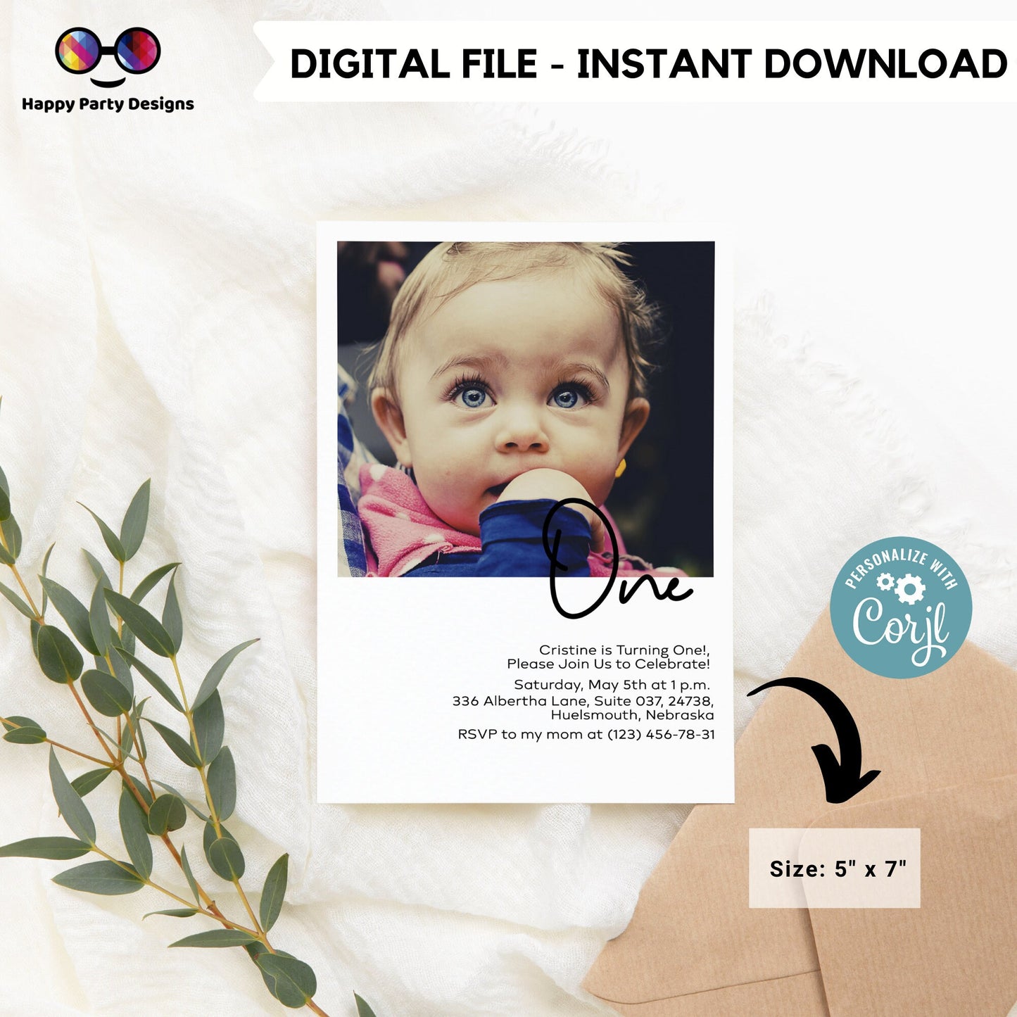 Editable Minimalist First Birthday Invitation | Minimal Party Invitation Instant Template | First Bday Invite | One year | EDITABLE ON LINE