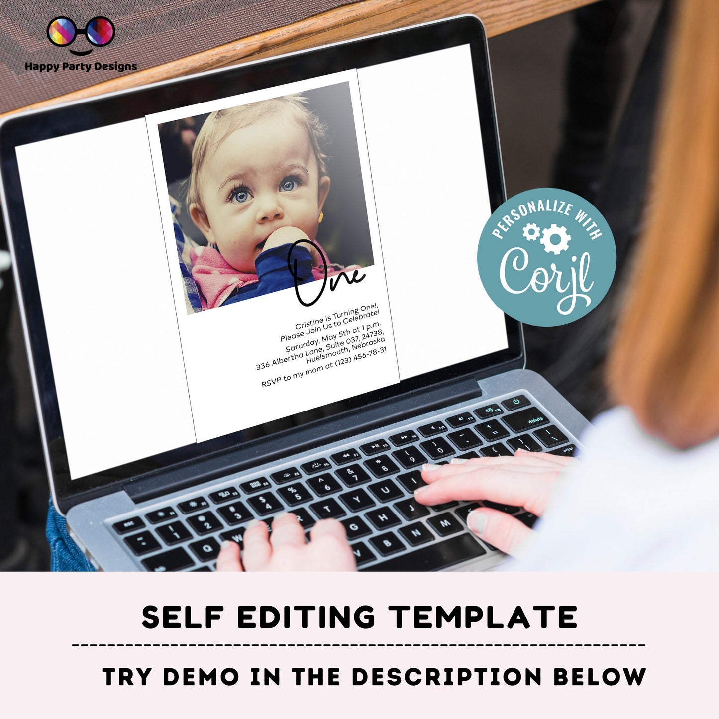 Editable Minimalist First Birthday Invitation | Minimal Party Invitation Instant Template | First Bday Invite | One year | EDITABLE ON LINE