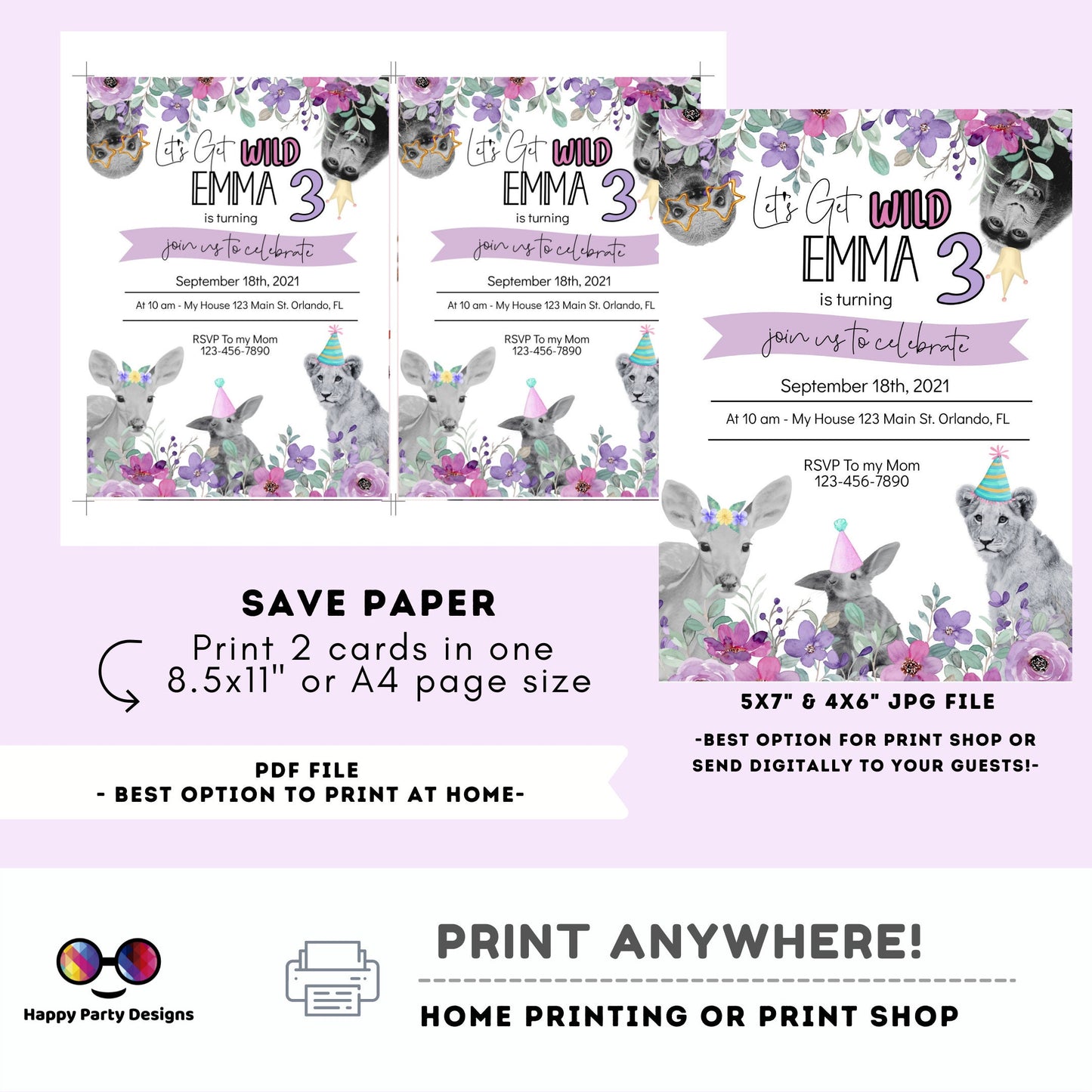 Editable party animals Birthday invitation | Pink Birthday | Wild animals | invitation zoo safari | digital invitation| Personalize Online