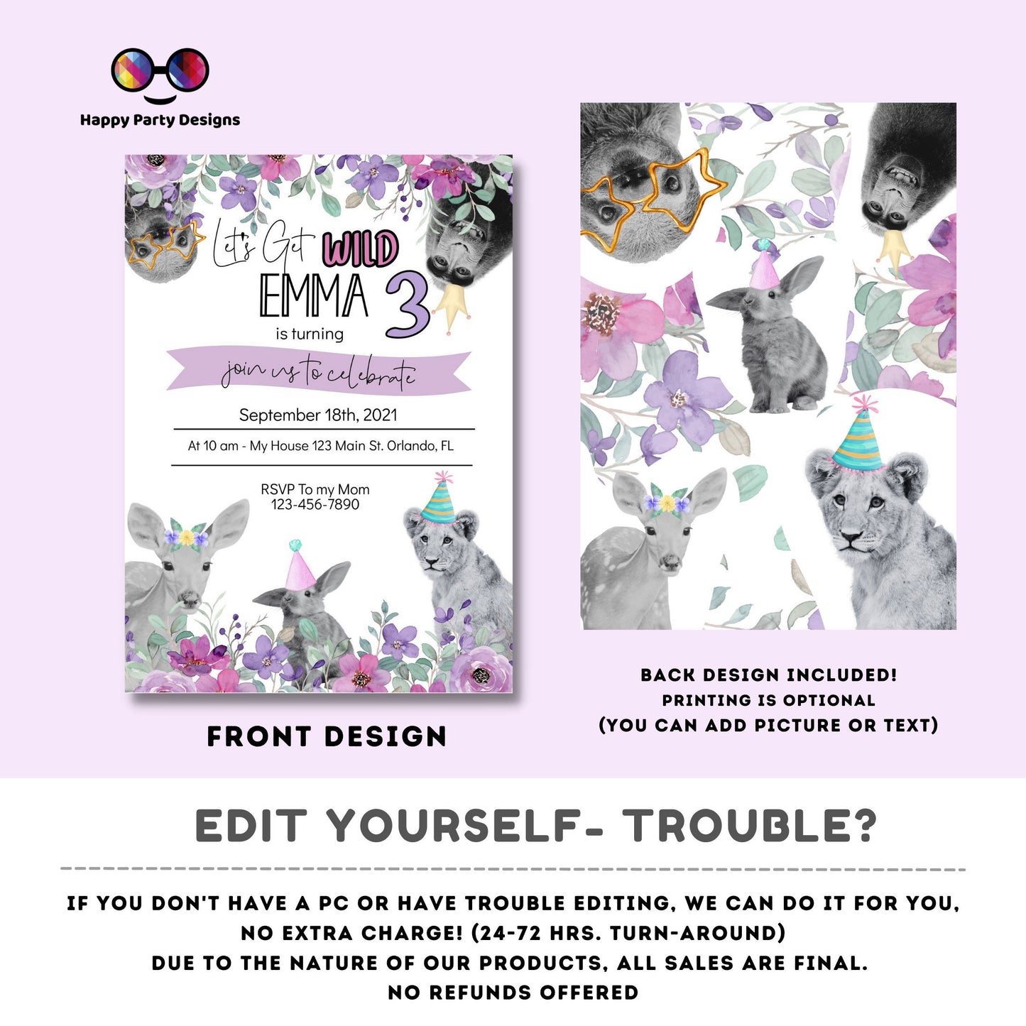 Editable party animals Birthday invitation | Pink Birthday | Wild animals | invitation zoo safari | digital invitation| Personalize Online