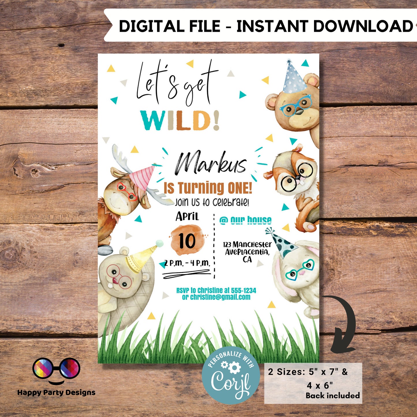 Editable watercolor woodland invitation | Digital Wild one printable invite | Any age! | cute animals Digital | Personalize Online