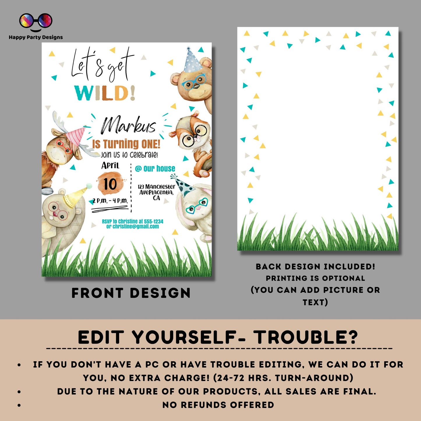 Editable watercolor woodland invitation | Digital Wild one printable invite | Any age! | cute animals Digital | Personalize Online