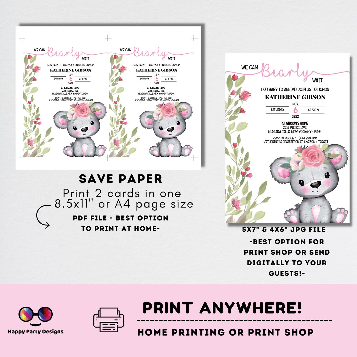 We can bearly wait Baby Shower Invitations | baby girl | blush watercolor | Cute bear | Edit Yourself & instant download