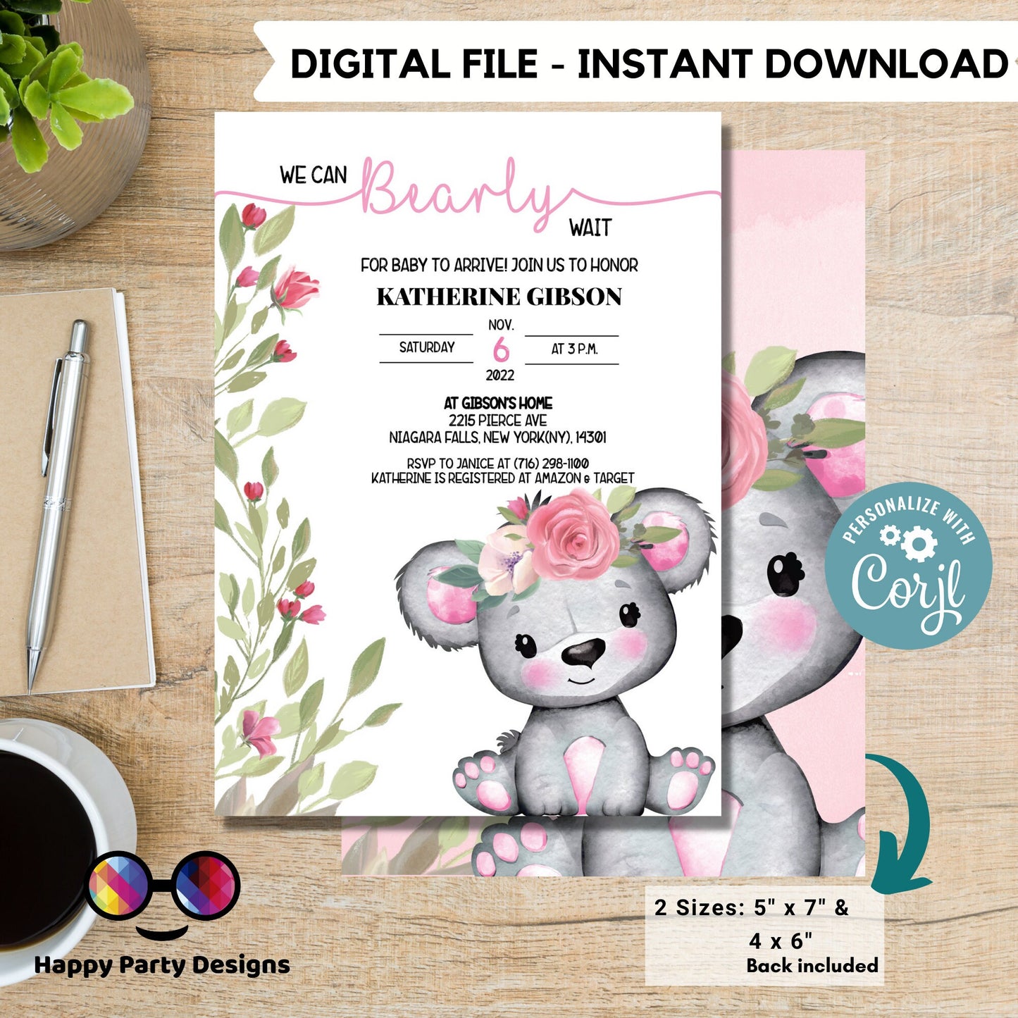 We can bearly wait Baby Shower Invitations | baby girl | blush watercolor | Cute bear | Edit Yourself & instant download