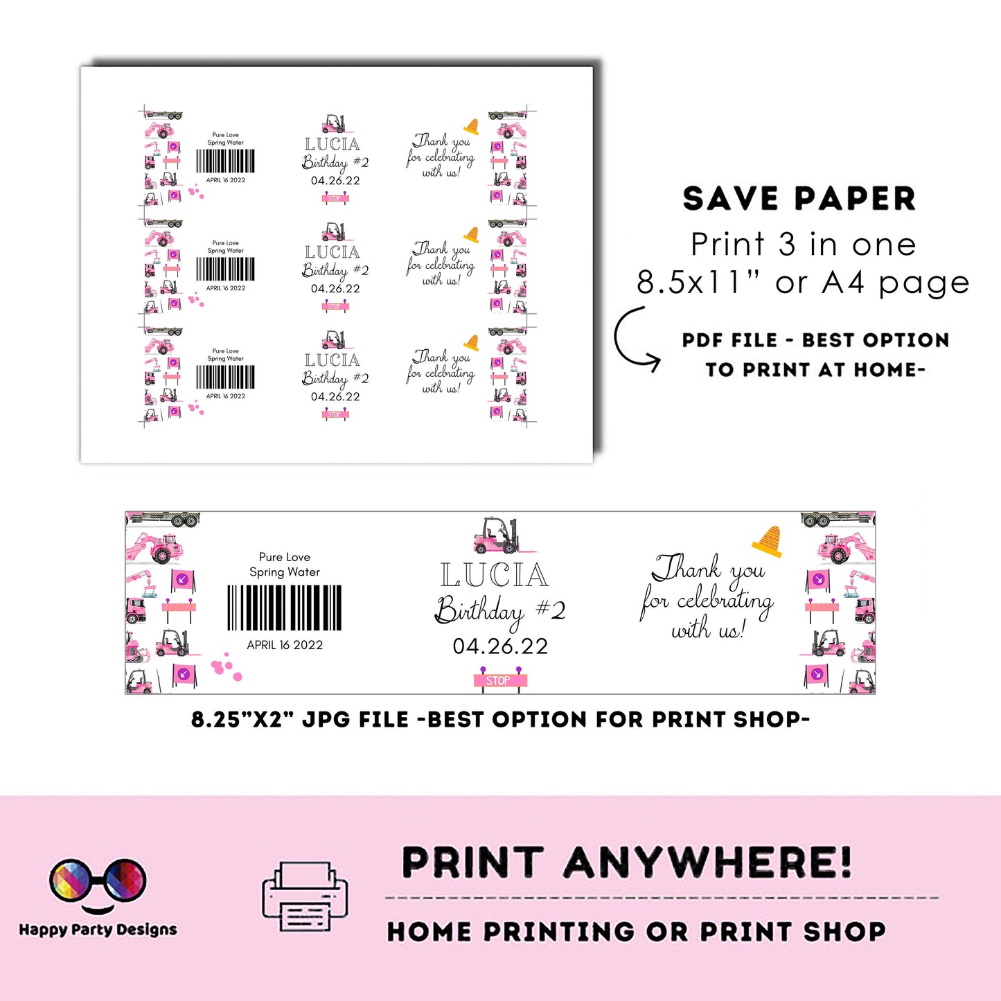 Editable Under construction water bottle labels | printable labels | Trucks labels | Girl birthday | bottle labels | girl truck party