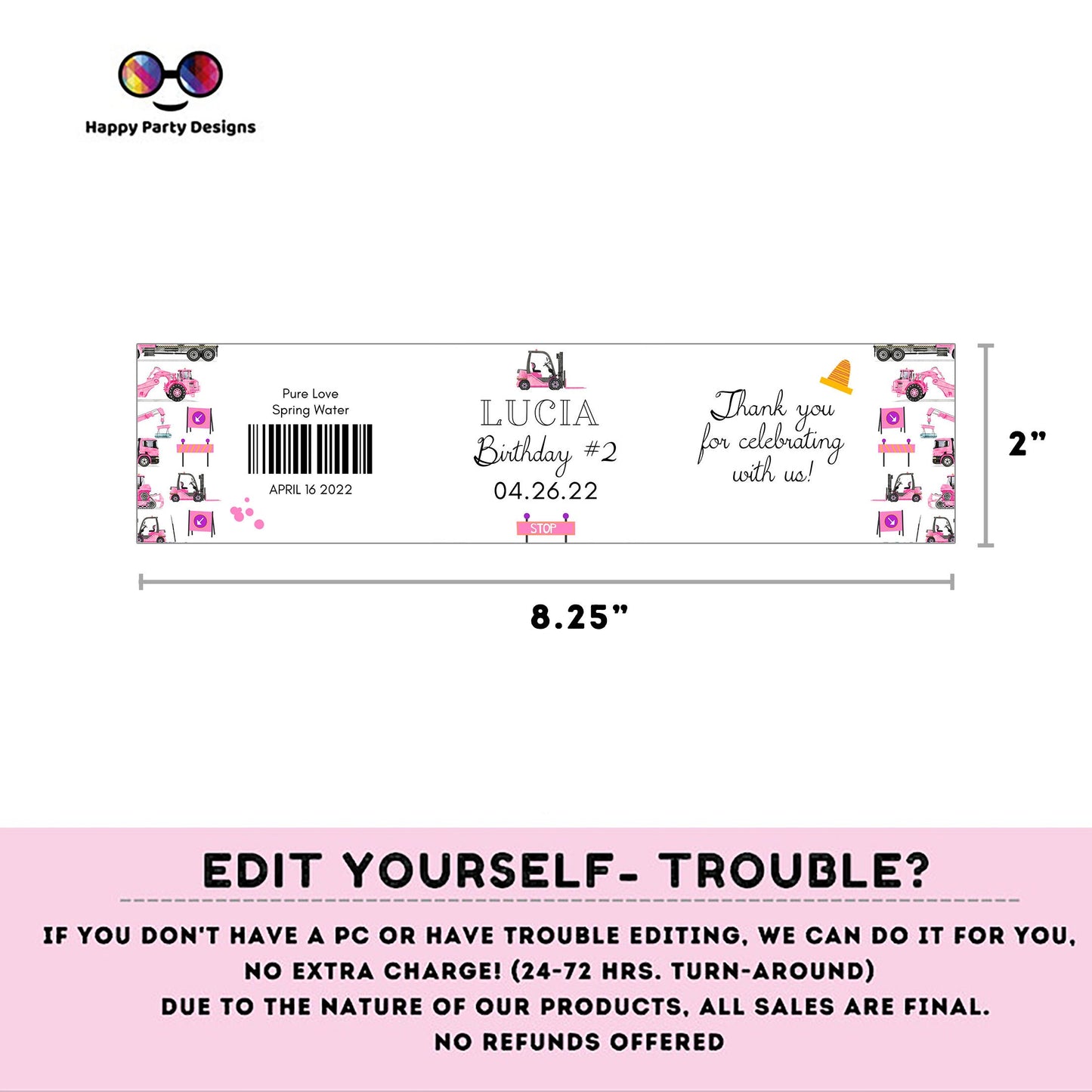Editable Under construction water bottle labels | printable labels | Trucks labels | Girl birthday | bottle labels | girl truck party