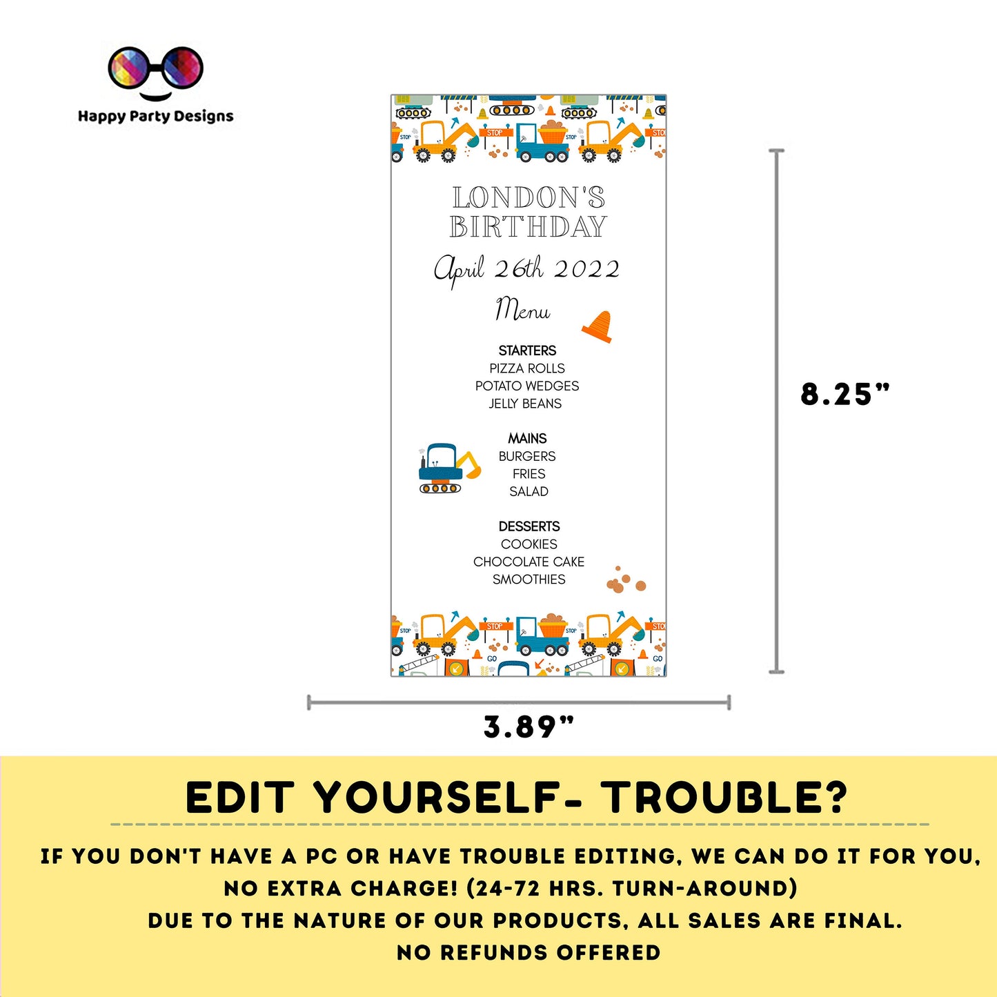 Editable Watercolor Under construction Menu Template | Trucks party | Boy | Construction birthday party | Instant Download