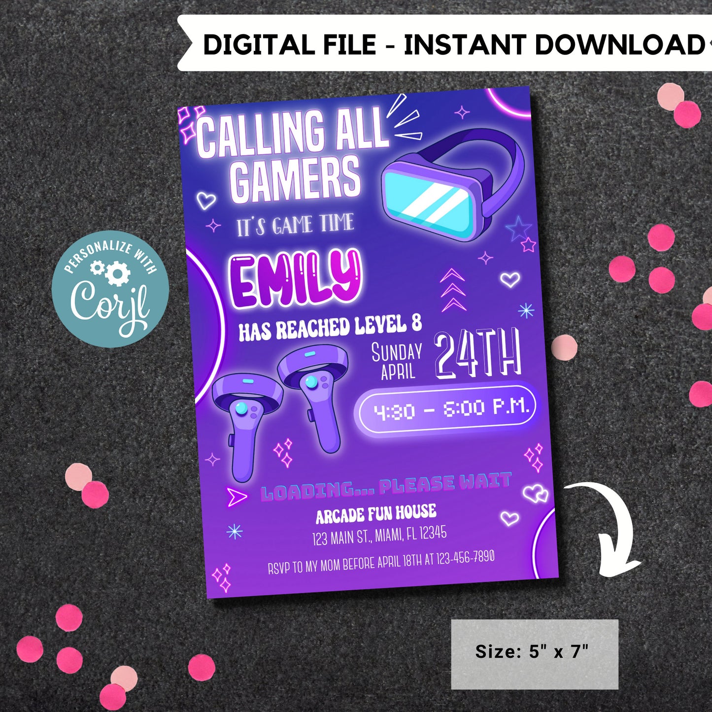 Editable video gamer invitation | Digital neon video gamer printable invite | Birthday girl | virtual reality | neon Invitation