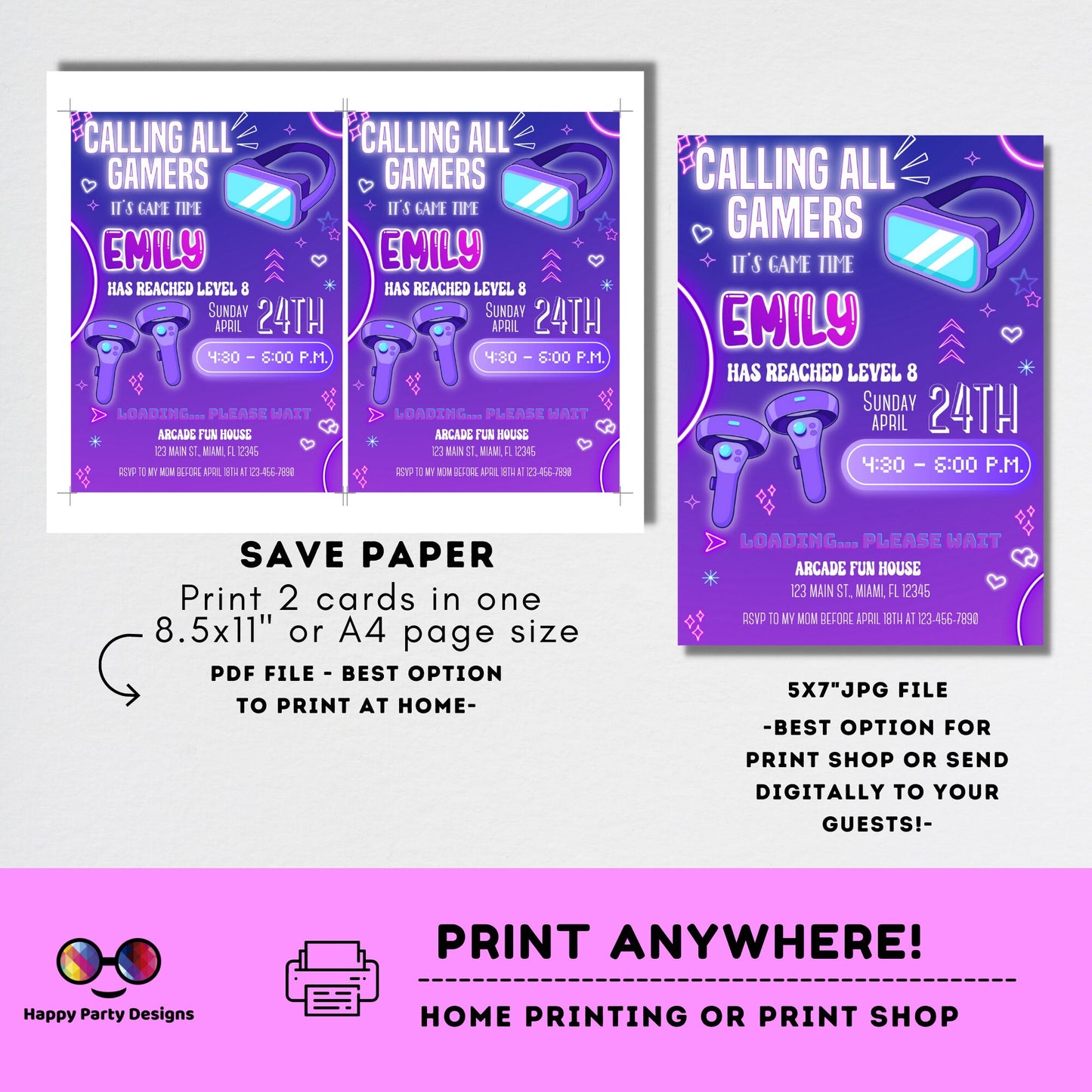 Editable video gamer invitation | Digital neon video gamer printable invite | Birthday girl | virtual reality | neon Invitation