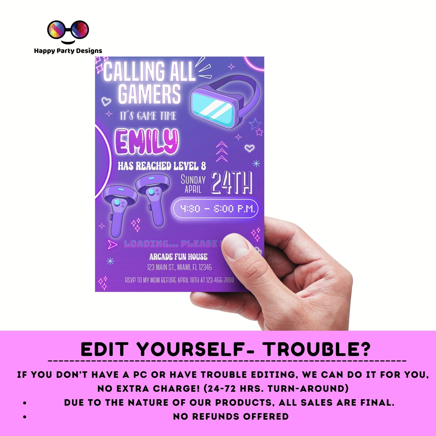 Editable video gamer invitation | Digital neon video gamer printable invite | Birthday girl | virtual reality | neon Invitation