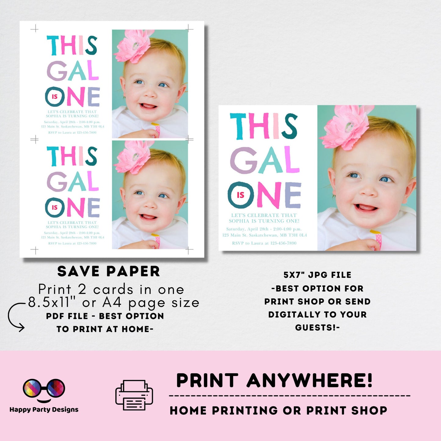 Editable This gal is one First Birthday Invitation | girl Party Invitation Instant Template | First Bday Invite | One year | with picture