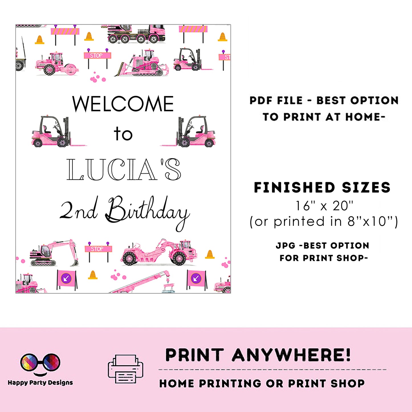 Editable Welcome Sign | pink trucks birthday | under construction birthday Decorations | birthday Girl | Welcome Sign | Any age!