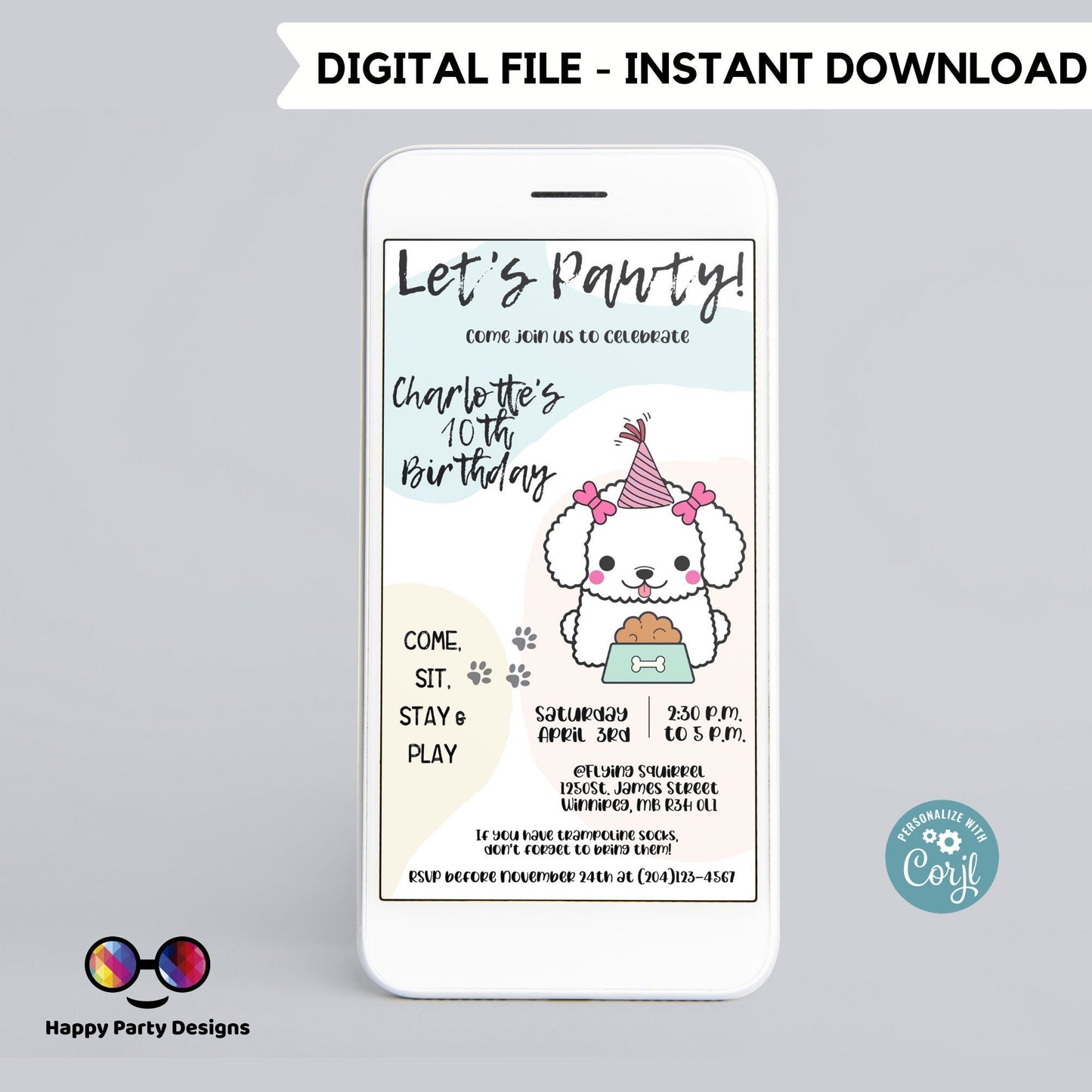 It's a Pawty Birthday Evite | Puppy Invitation | Dog Birthday invitation | Editable Electronic Puppy Invitation for iPhone or Smartphone