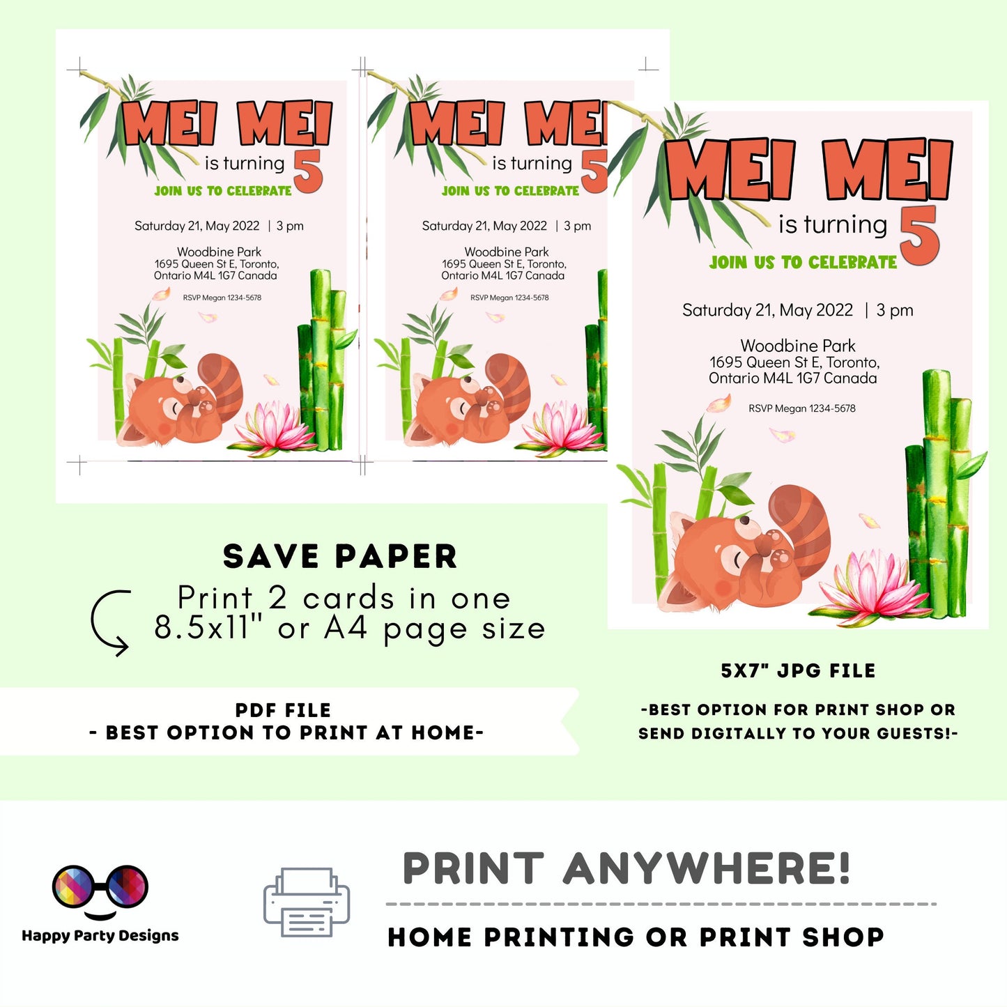 Turning five Invitations | Red Panda Invitation pink | Bamboo Invitation | Cute red panda invite | Edit Yourself & instant download