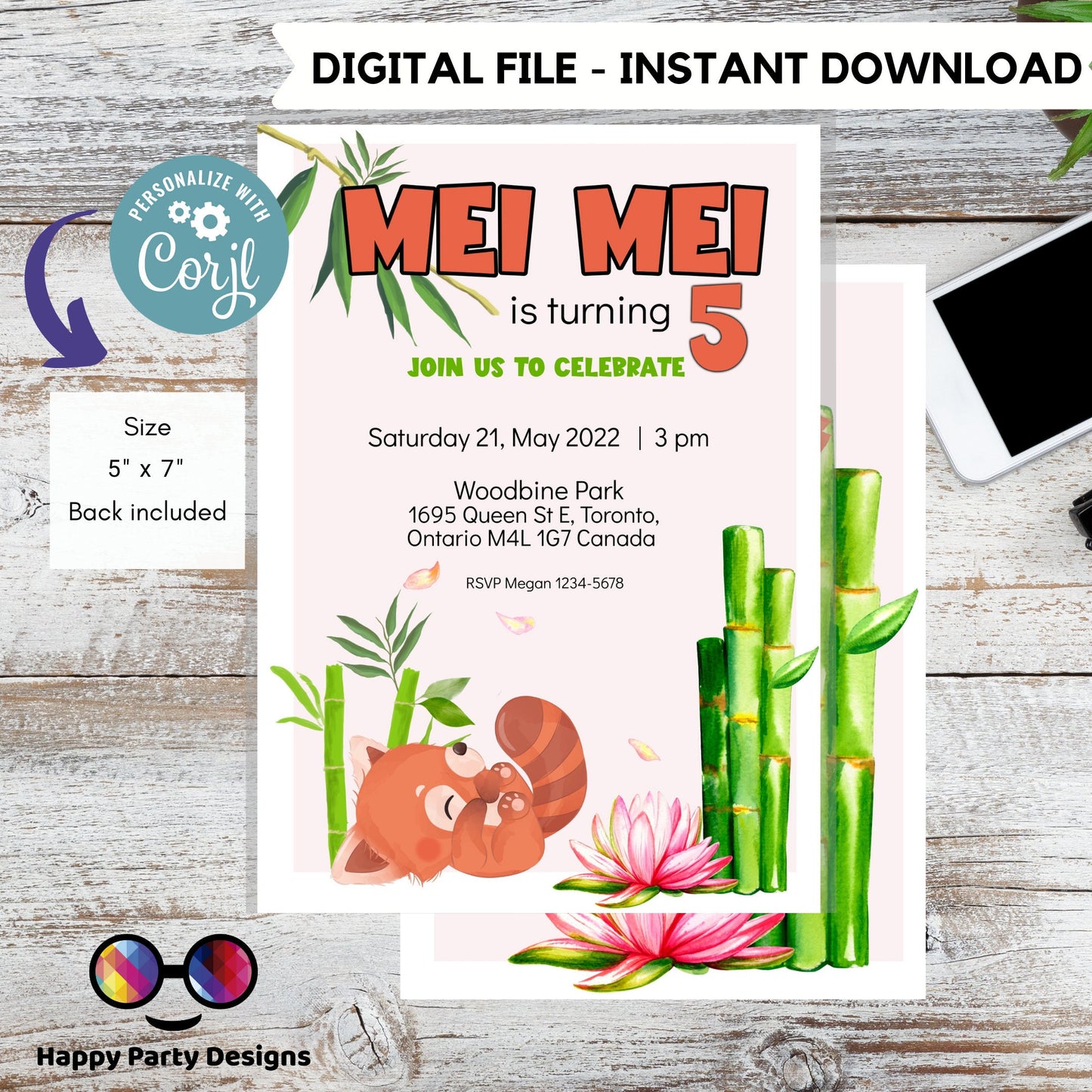 Turning five Invitations | Red Panda Invitation pink | Bamboo Invitation | Cute red panda invite | Edit Yourself & instant download