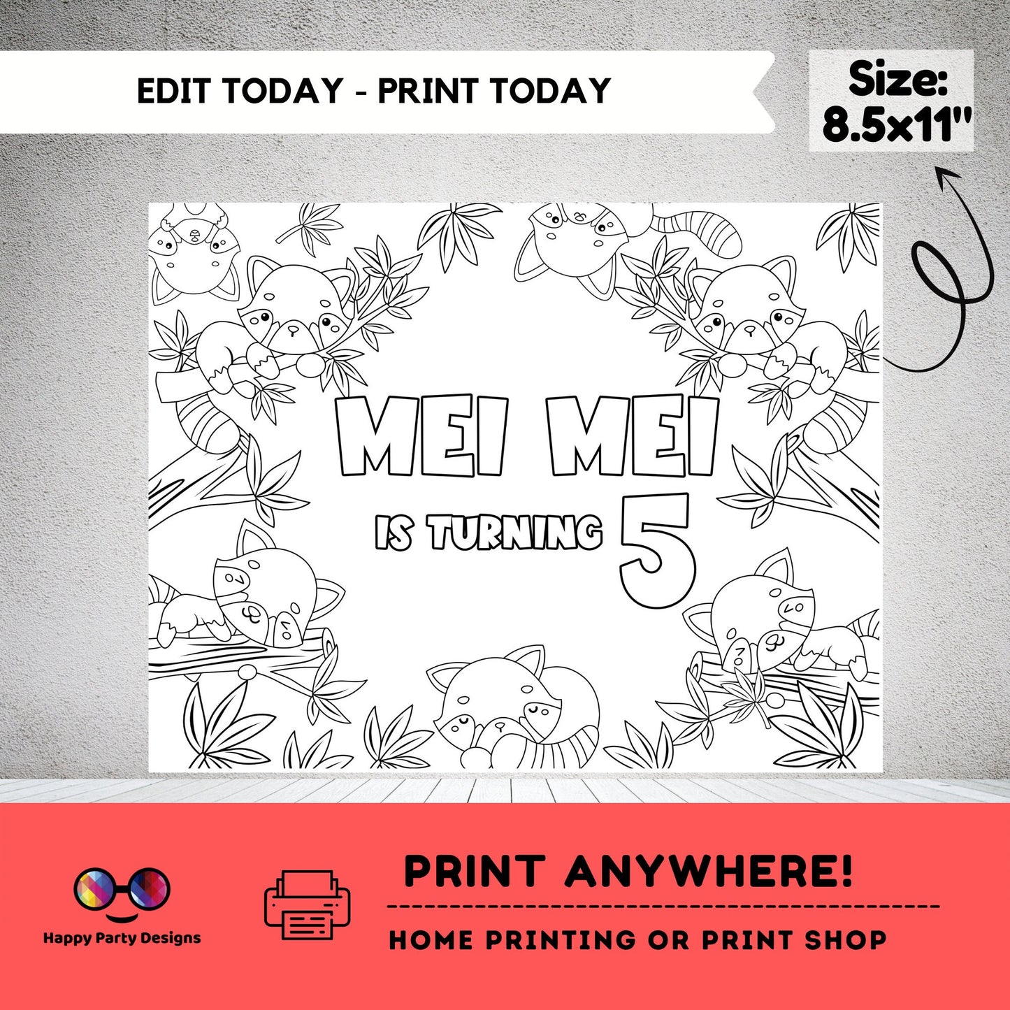 Editable Red Panda coloring page | Placemat coloring page | Any Age | Red Panda birthday | Red panda Party Activity | turning five birthday