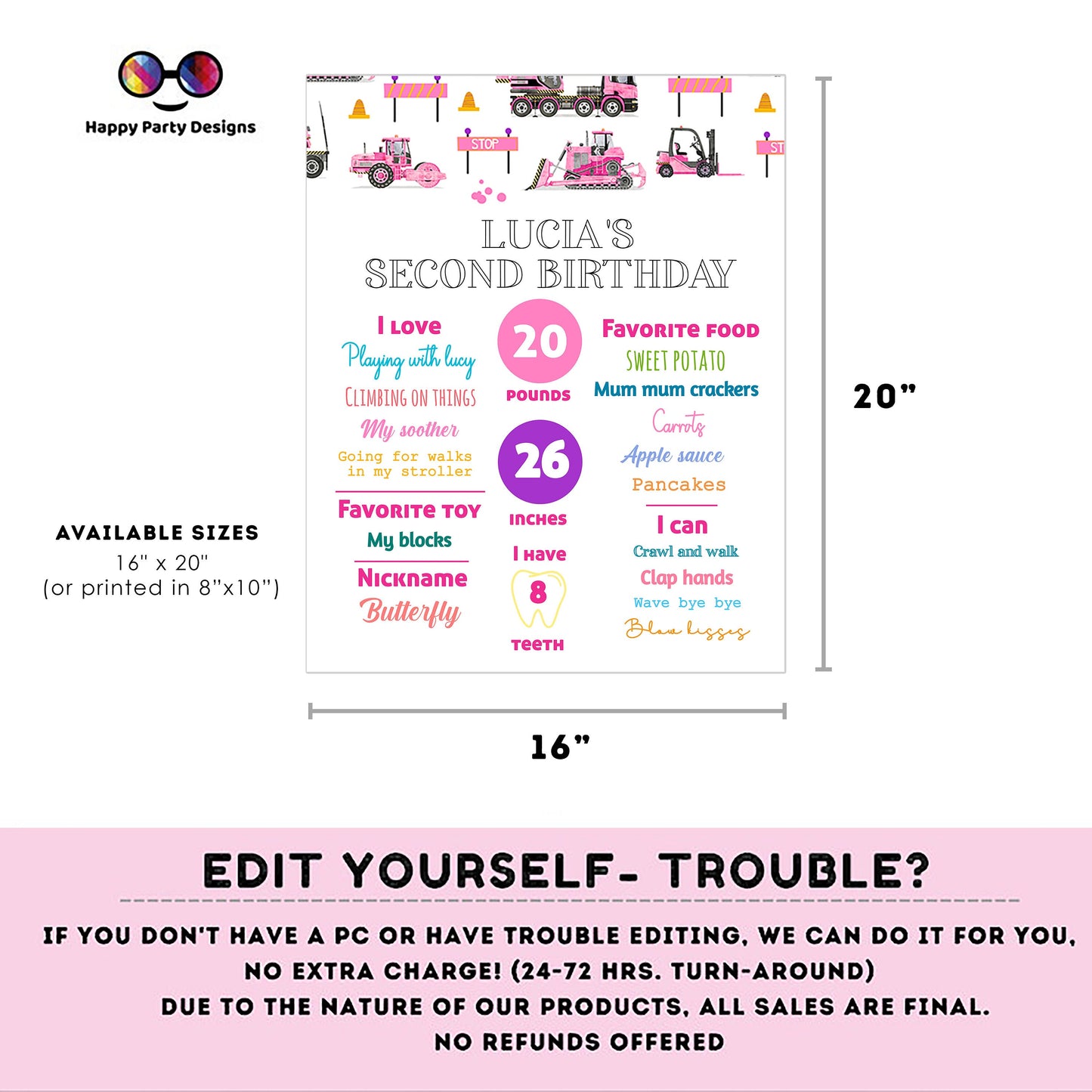 Editable Milestone Sign | Trucks birthday | Party under construction Decorations | baby Girl | Pink trucks Sign | Pink Trucks party