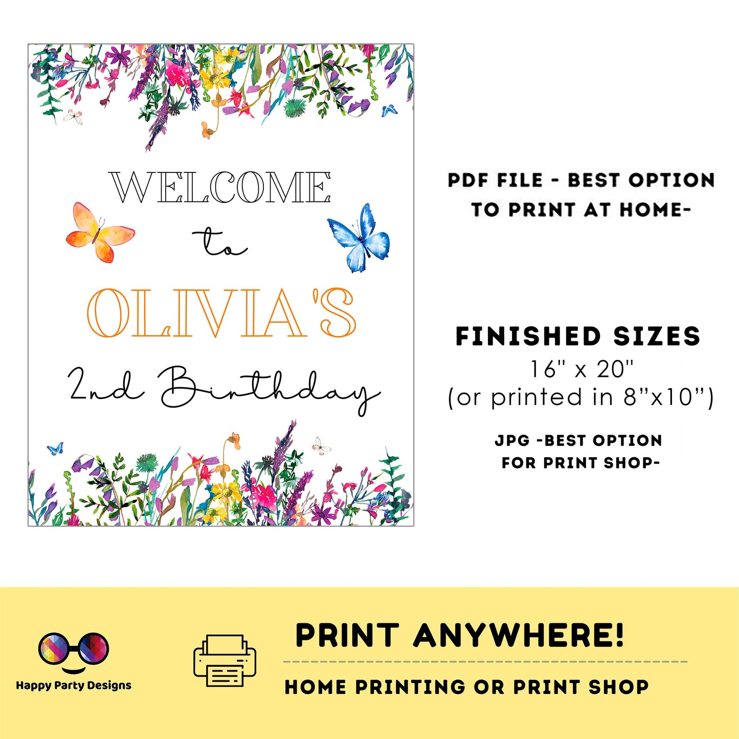 Editable Welcome Sign | Wildflower birthday | Spring birthday Decorations | baby Girl | Flower Welcome Sign | Butterfly party #K73